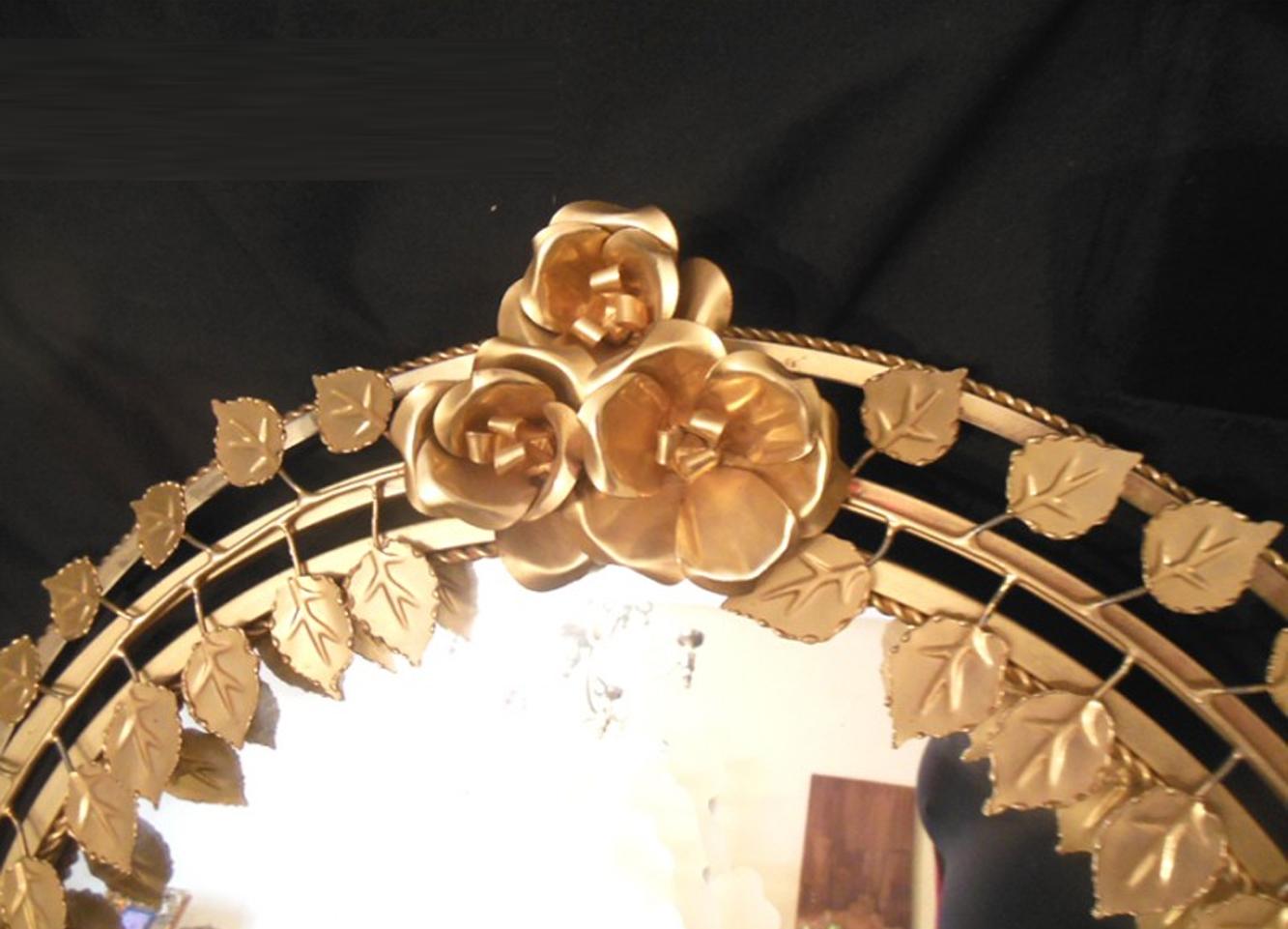 Mid-Century Modern Midcentury Golden Mirror Decorated with Leaves and Roses Spain 1960s