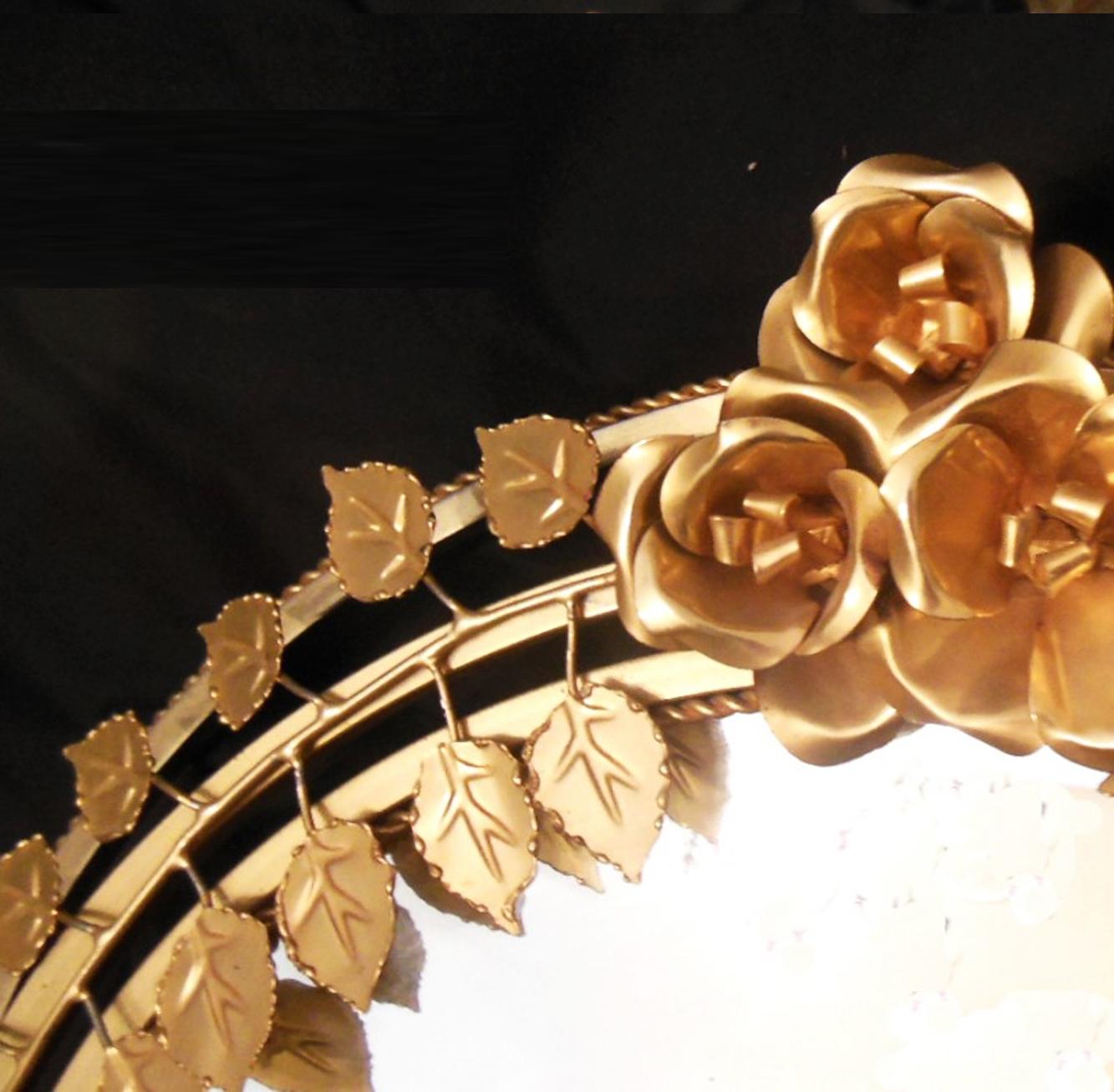 Italian Midcentury Golden Mirror Decorated with Leaves and Roses Spain 1960s