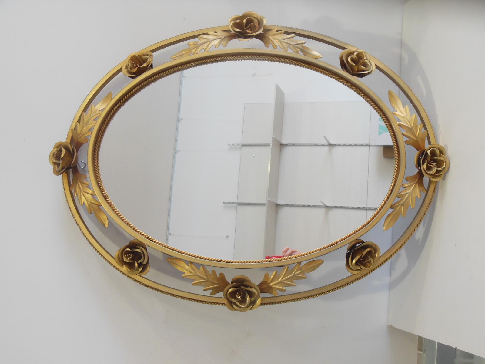 Golden Mirror It Has a Light on The Back. With Leaves and Roses Spain, 1950s In Excellent Condition For Sale In Mombuey, Zamora