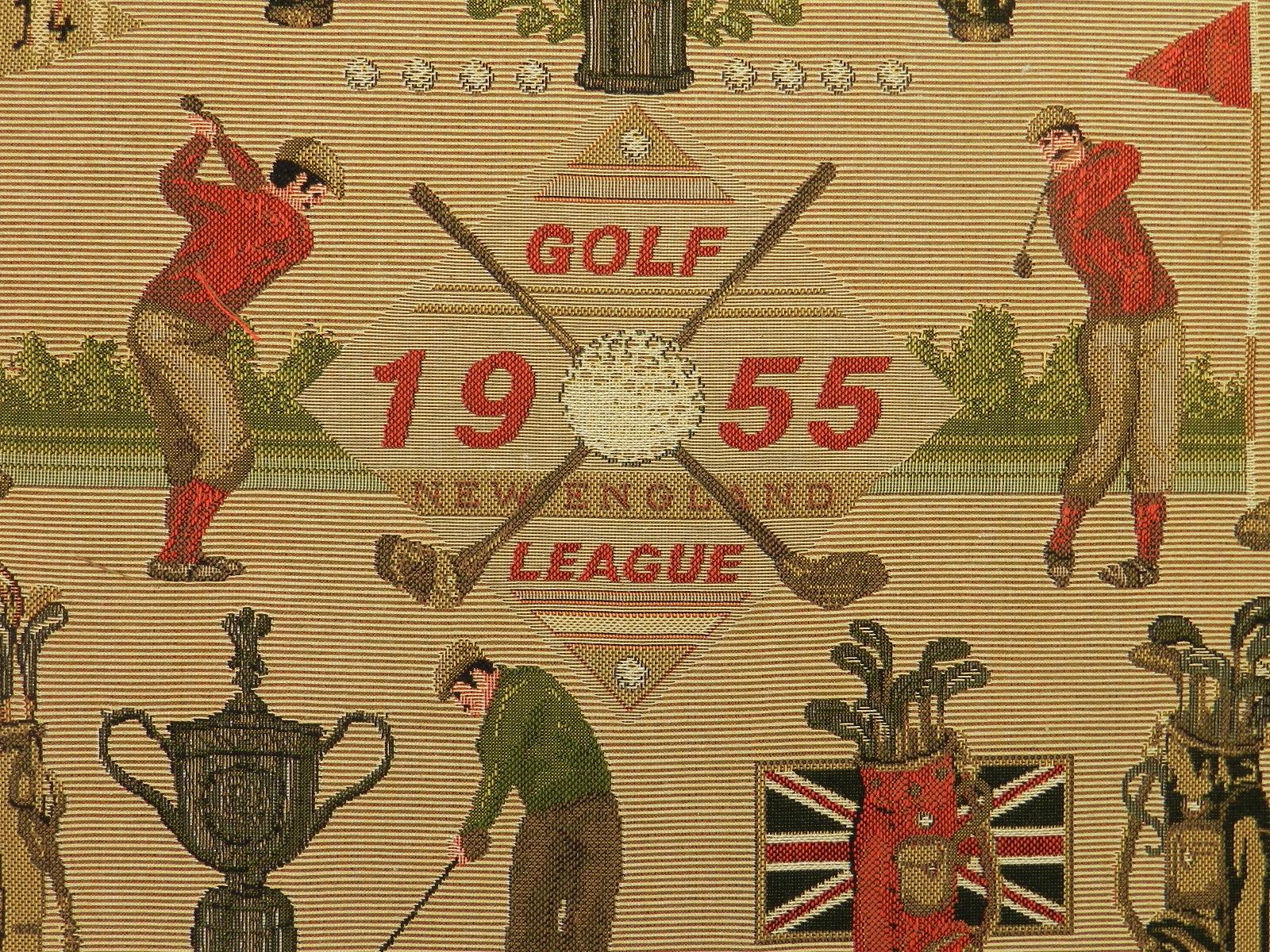 US Open Golf commemorative woven textile picture, 1955
Rare find
Fabric wall hanging now mounted on to wool backing and on to board
US Open Cup 1947 memorabilia for 1955 New England League US and UK Golf competition
Very good vintage condition