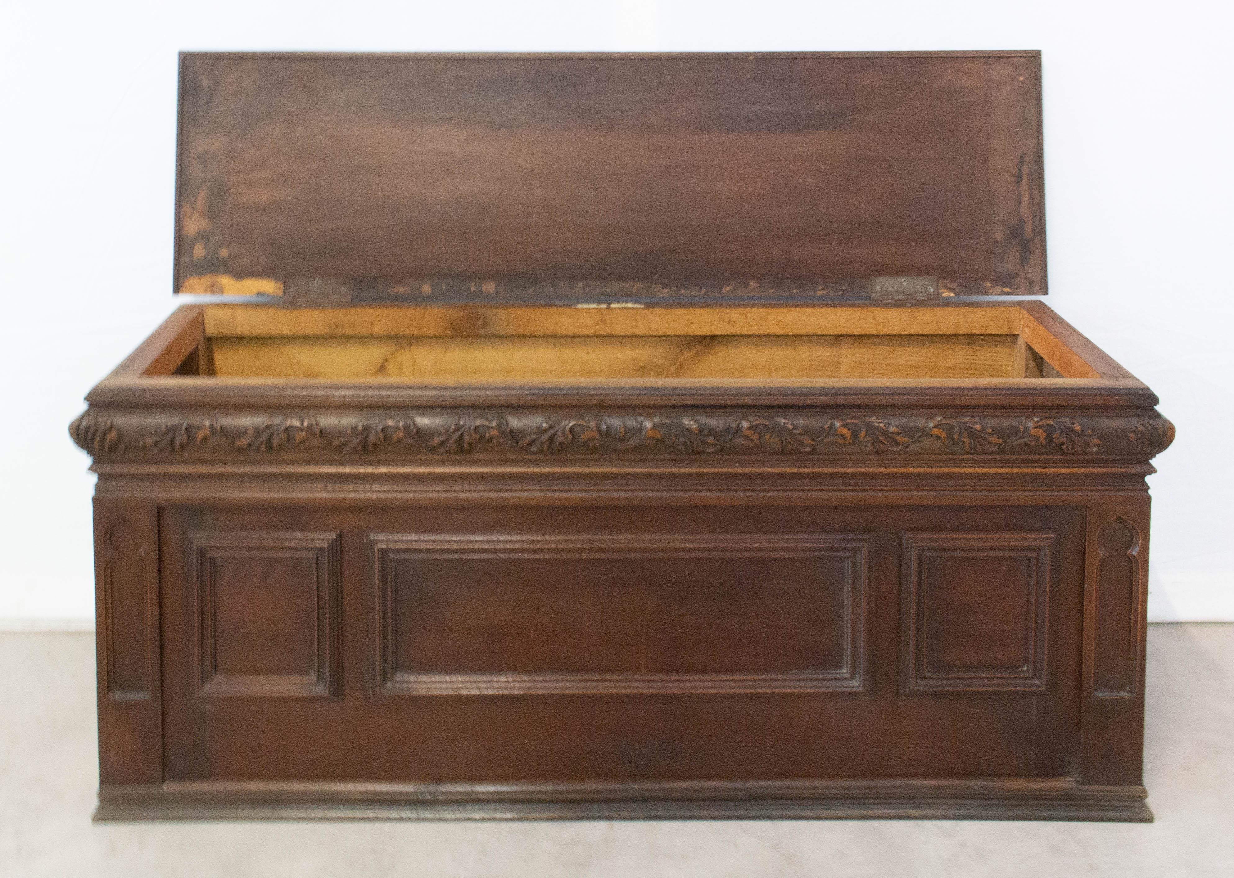 Carved Midcentury Gothic Style Coffer Storage Bench, Walnut Oak Chest French