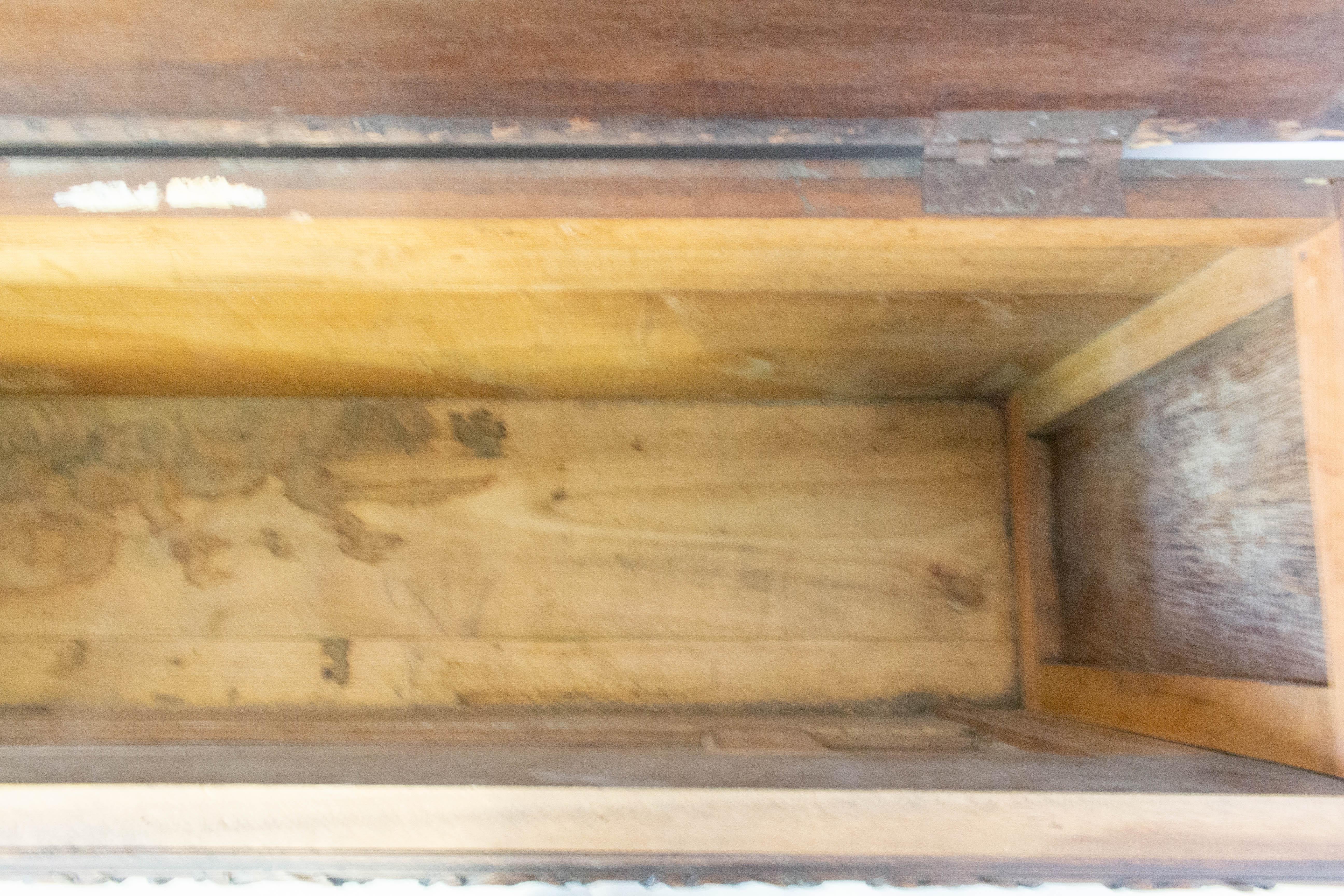 Midcentury Gothic Style Coffer Storage Bench, Walnut Oak Chest French In Good Condition In Labrit, Landes