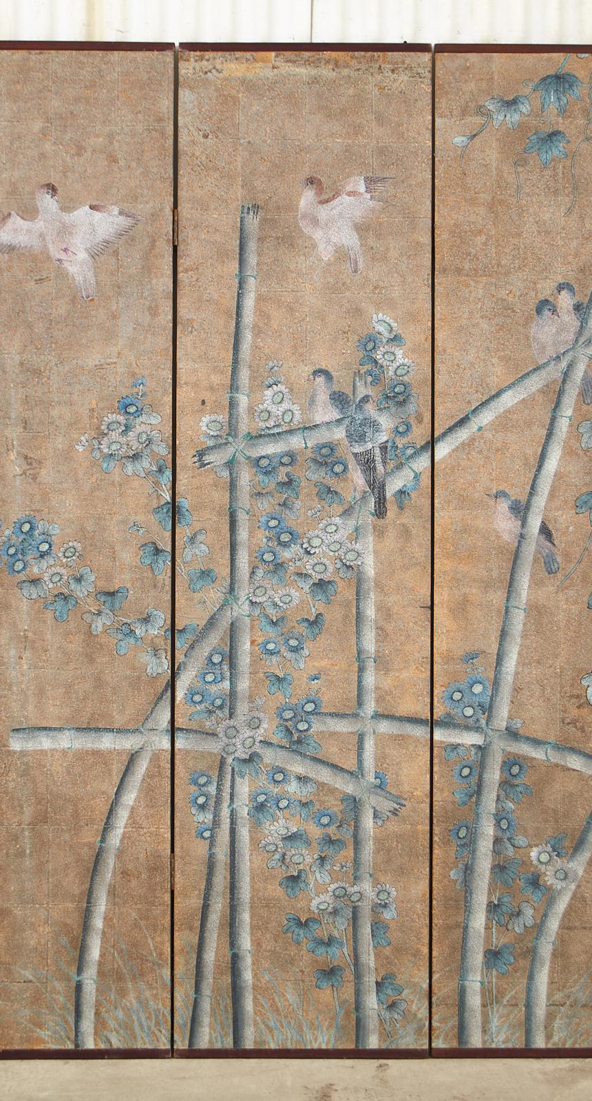 Midcentury Gracie Chinoiserie Style Wallpaper Four Panel Screen In Distressed Condition In Rio Vista, CA