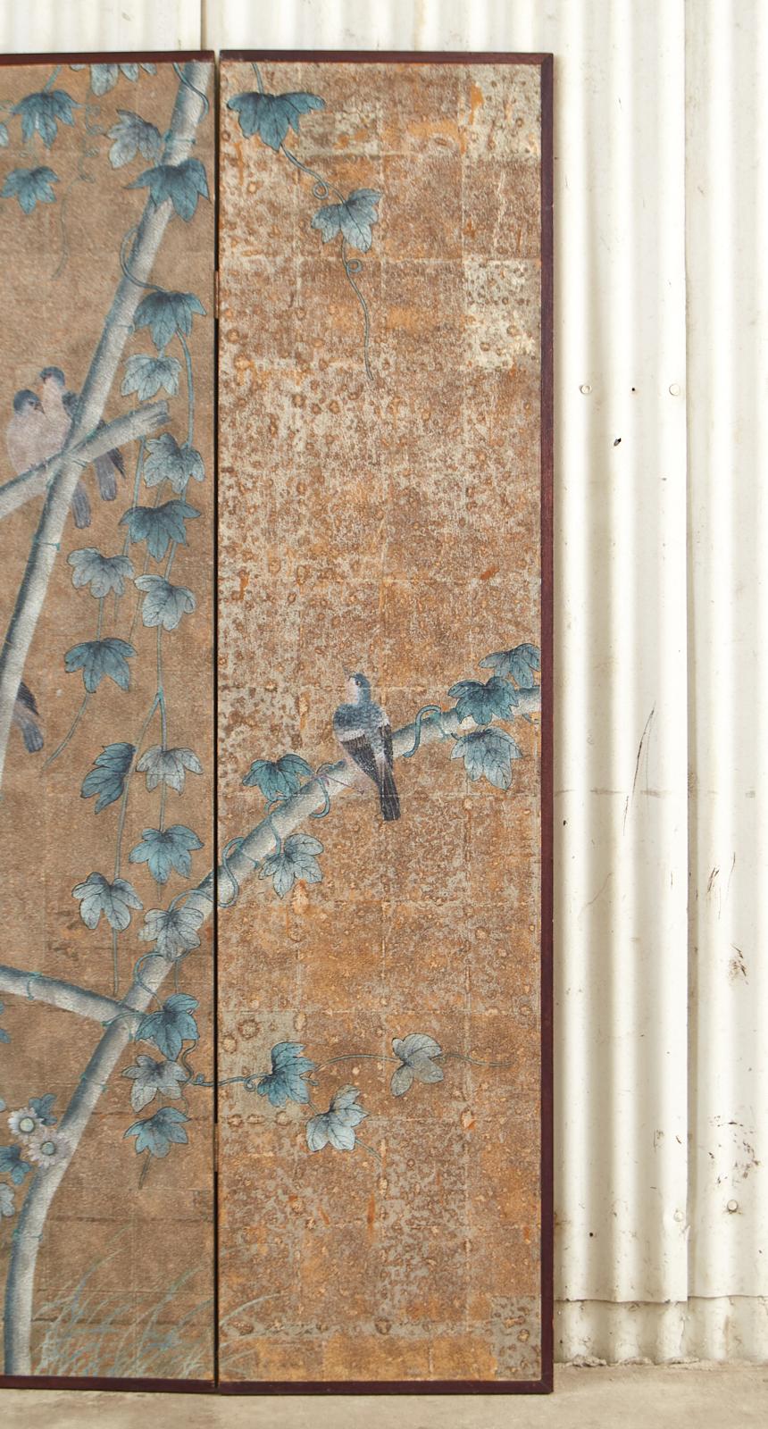 Brass Midcentury Gracie Chinoiserie Style Wallpaper Four Panel Screen
