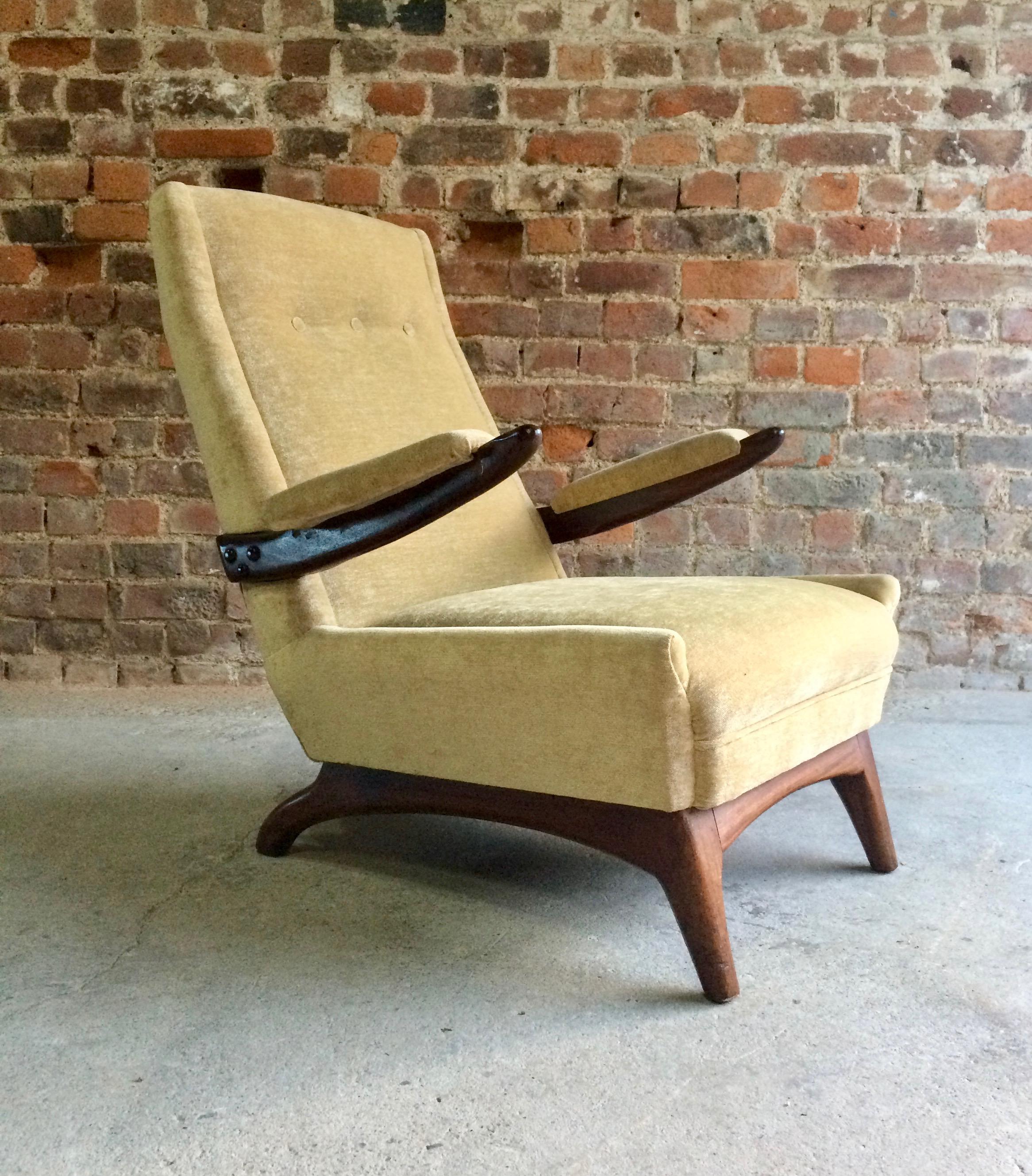 Midcentury Greaves and Thomas armchair, circa 1950
Magnificent midcentury recently upholstered armchair by the iconic British furniture maker Greaves and Thomas circa 1950s, finished in a fabulous pale yellow velour material sitting on a Afromosia