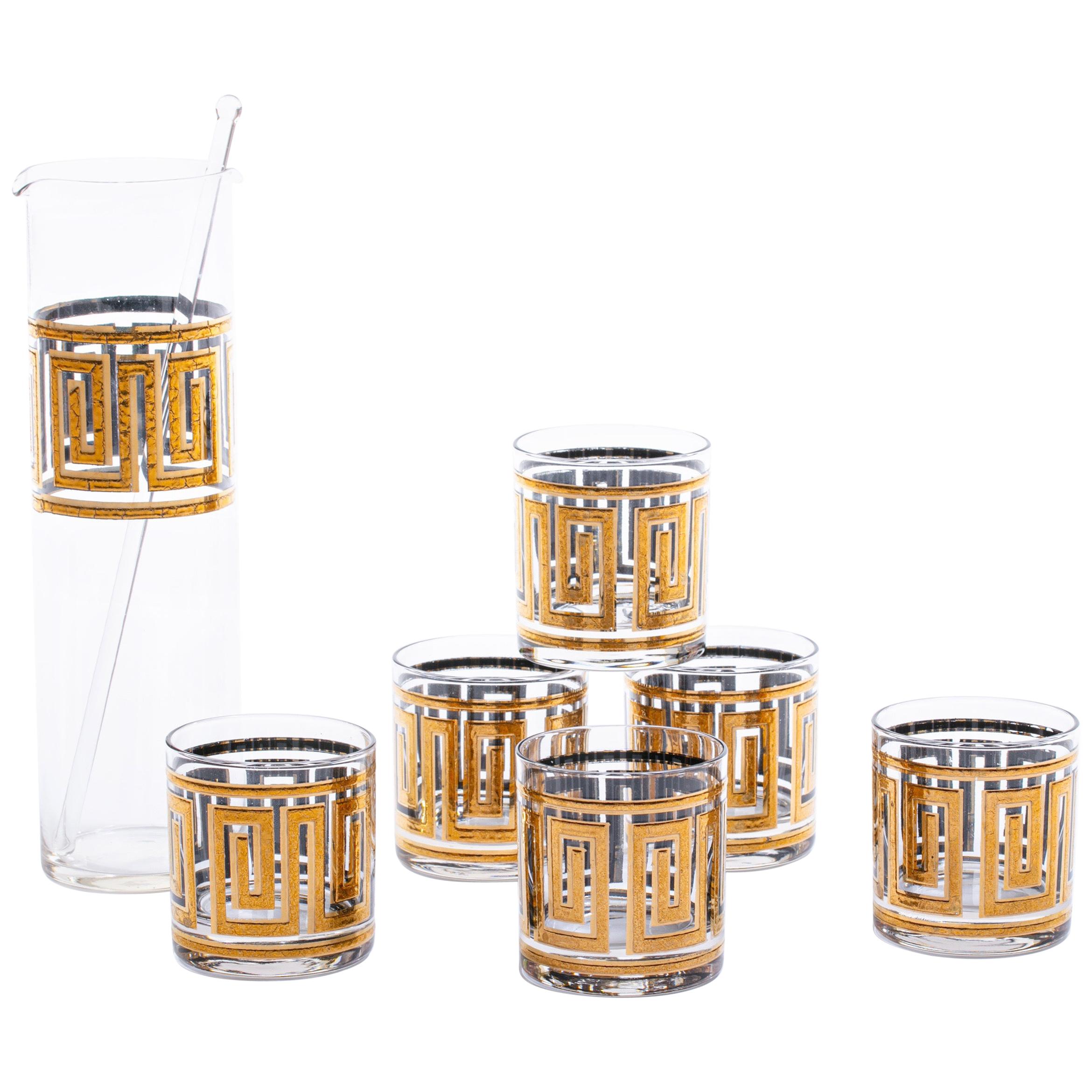 Midcentury Greek Key 22-Karat Gold Cocktail Mixer Set with Double Rocks Glasses