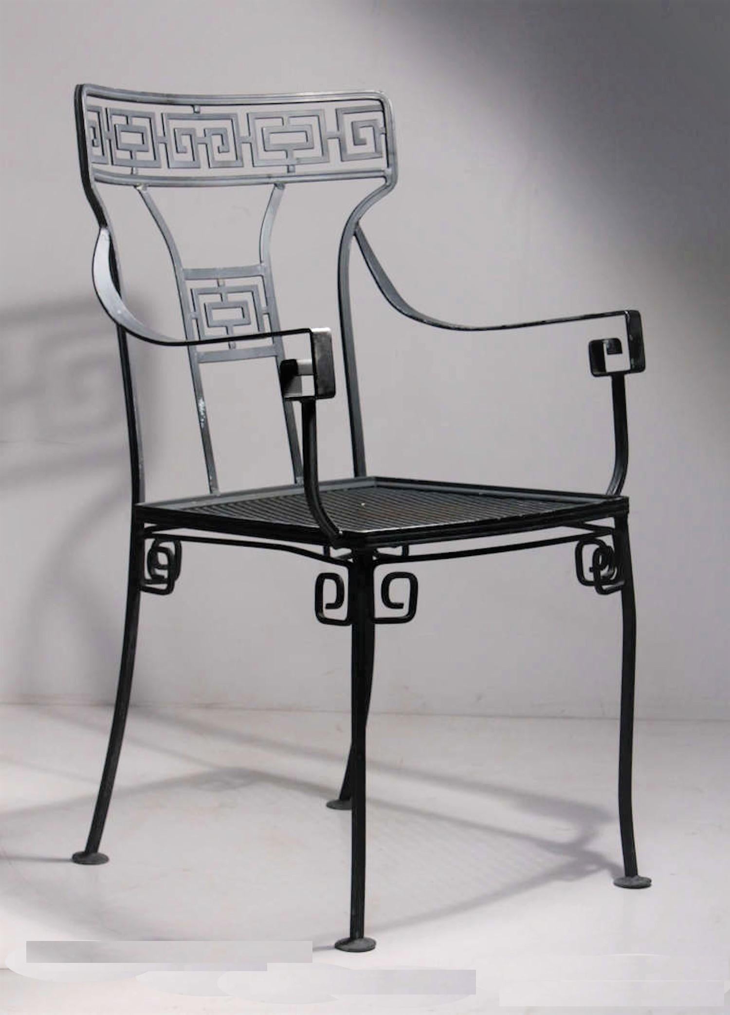 Midcentury Greek Key Patio Wrought Iron Glass Top Dining Chairs Table Set for 6 In Excellent Condition In New York, NY