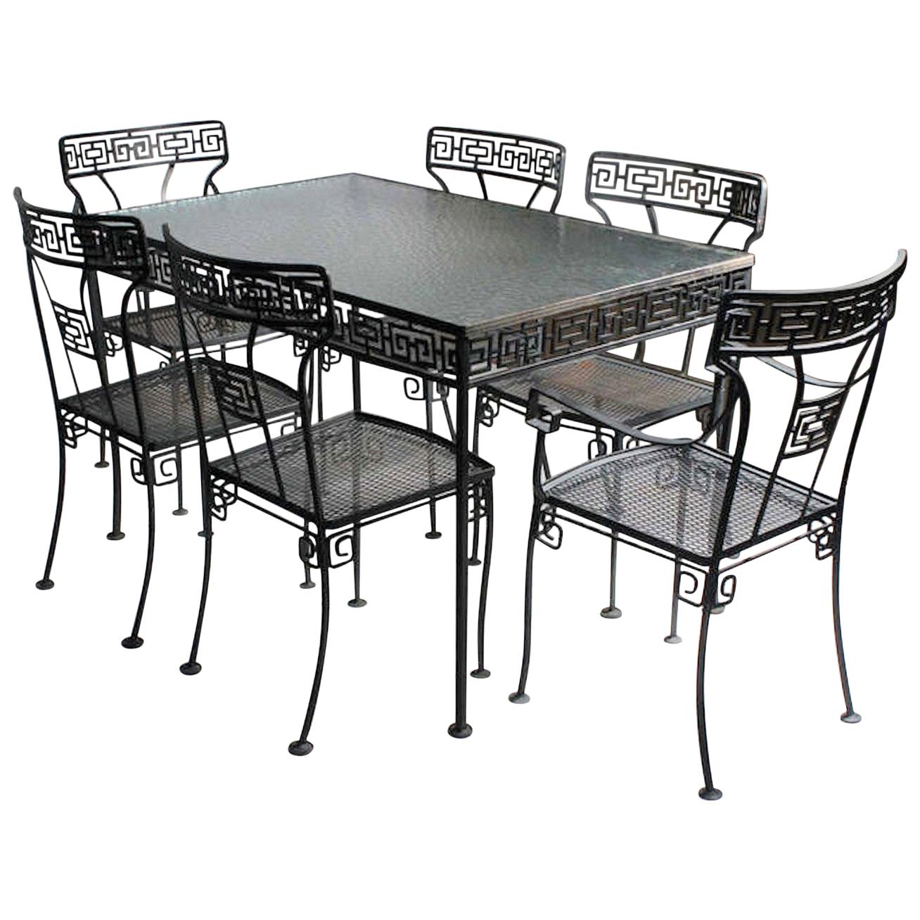 Midcentury Greek Key Patio Wrought Iron Glass Top Dining Chairs Table Set for 6