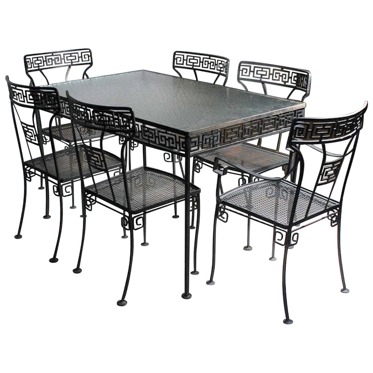 Midcentury Greek Key Patio Wrought Iron Glass Top Dining Set for 6
