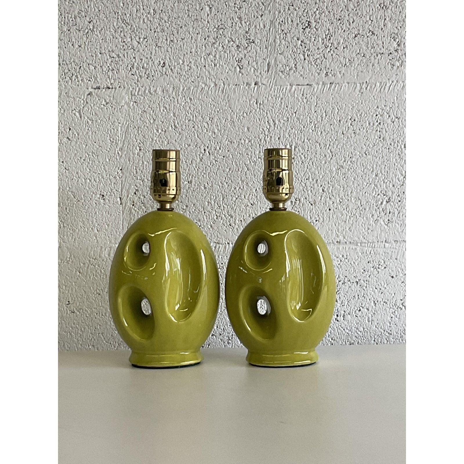 North American Mid-Century Green Abstract Boudoir Lamps, a Pair