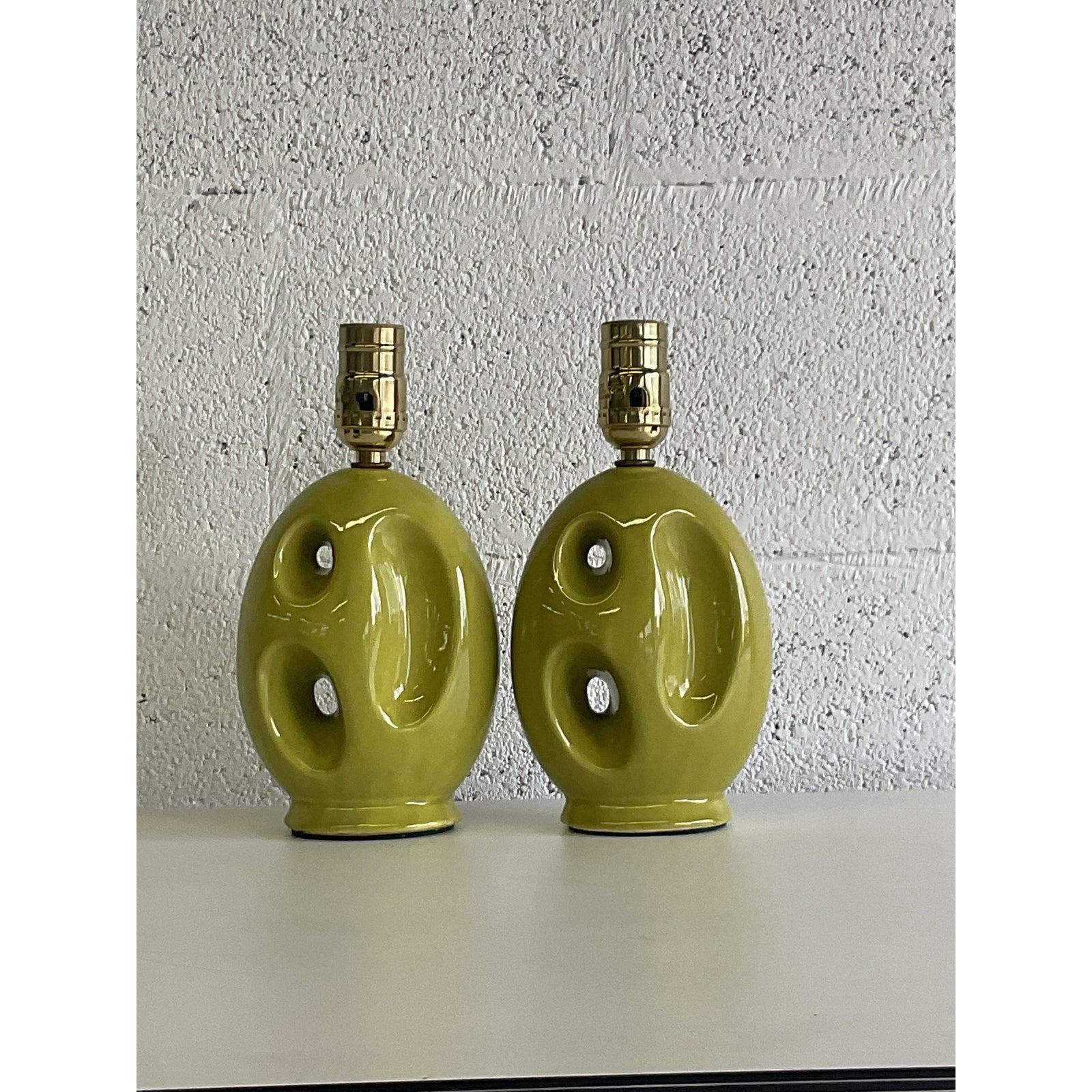 20th Century Mid-Century Green Abstract Boudoir Lamps, a Pair