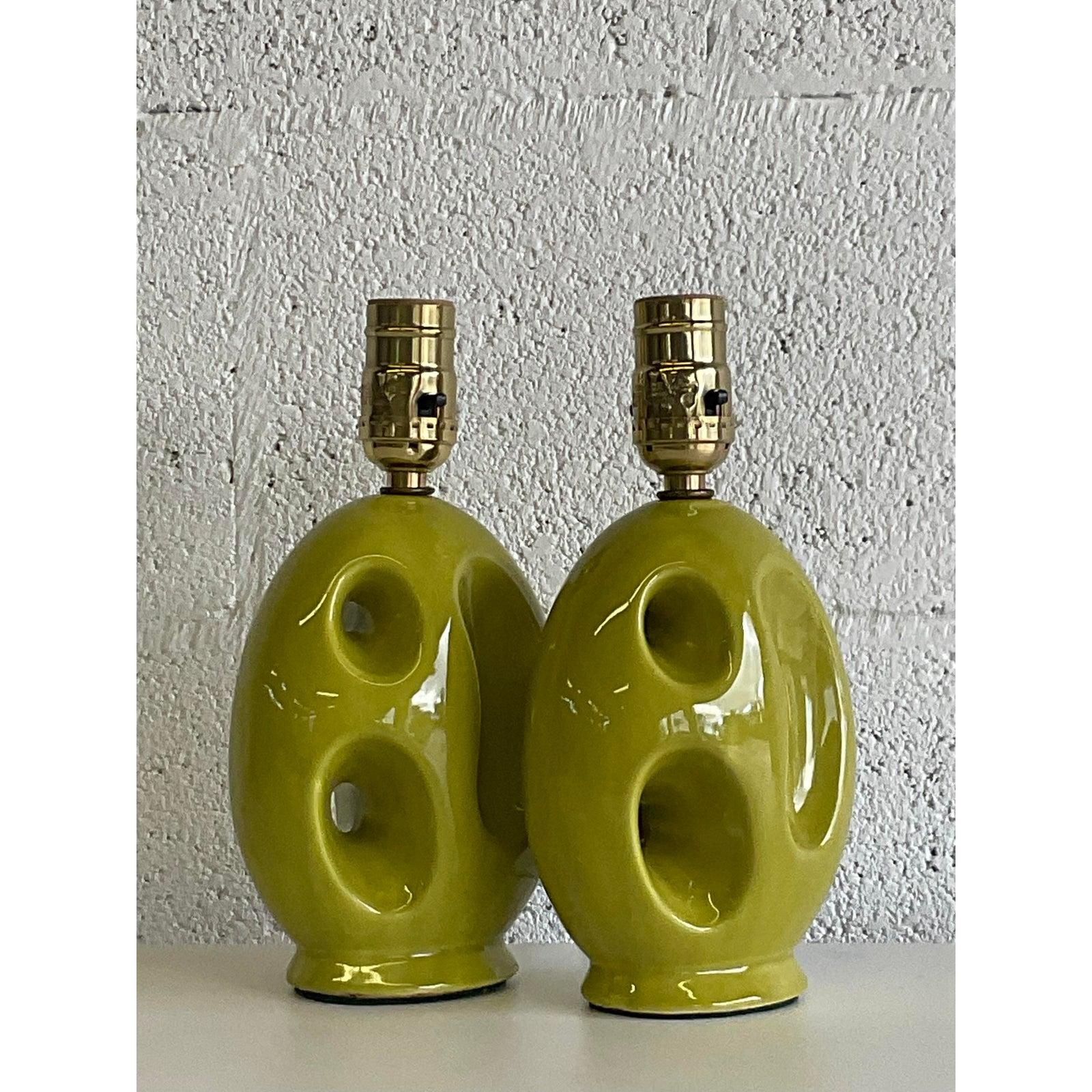 Ceramic Mid-Century Green Abstract Boudoir Lamps, a Pair