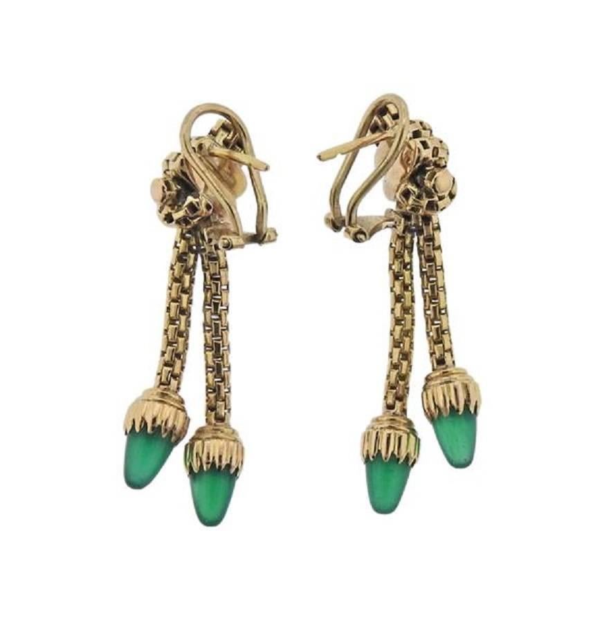 Women's Midcentury Green Agate Gold Dangle Earrings
