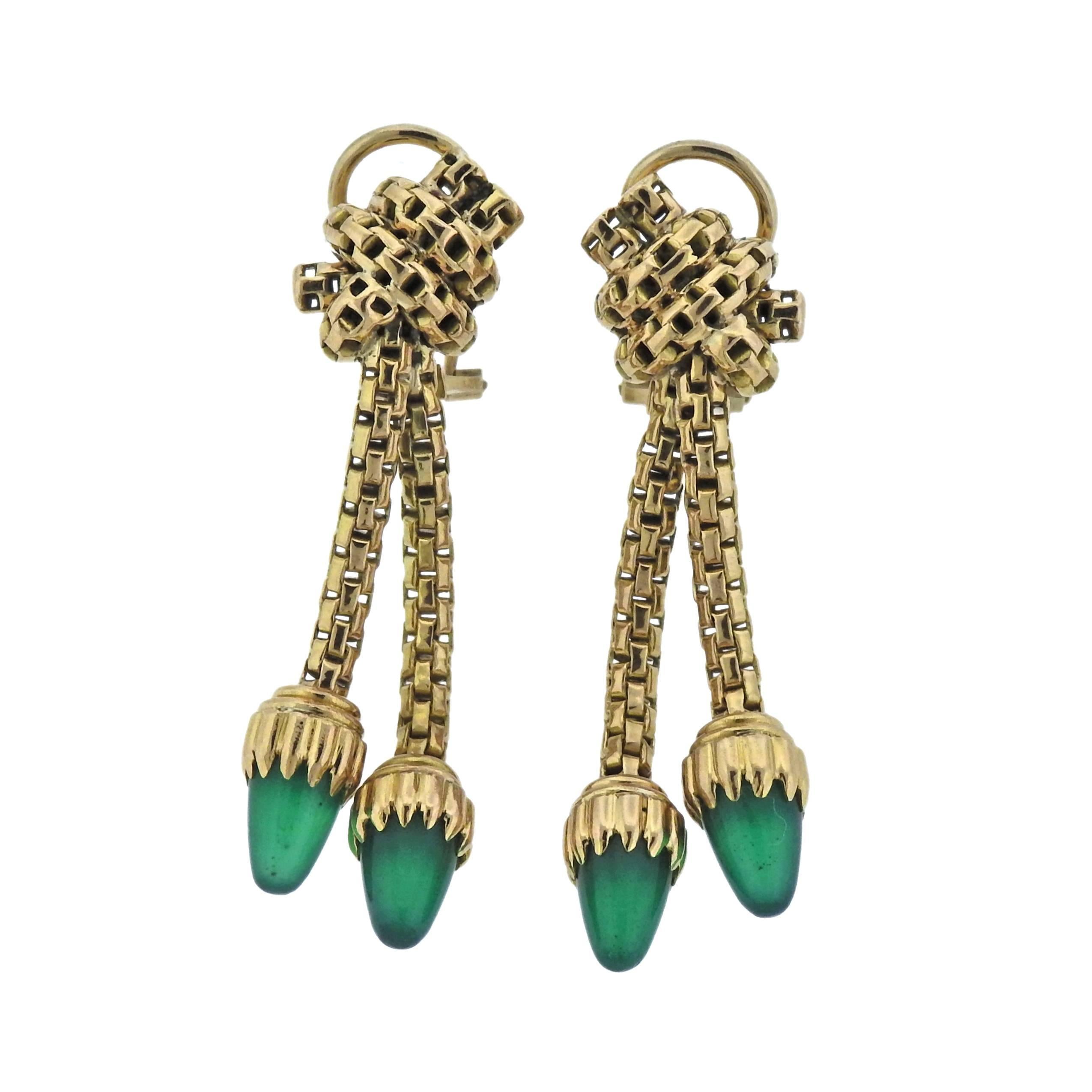 Midcentury Green Agate Gold Dangle Earrings