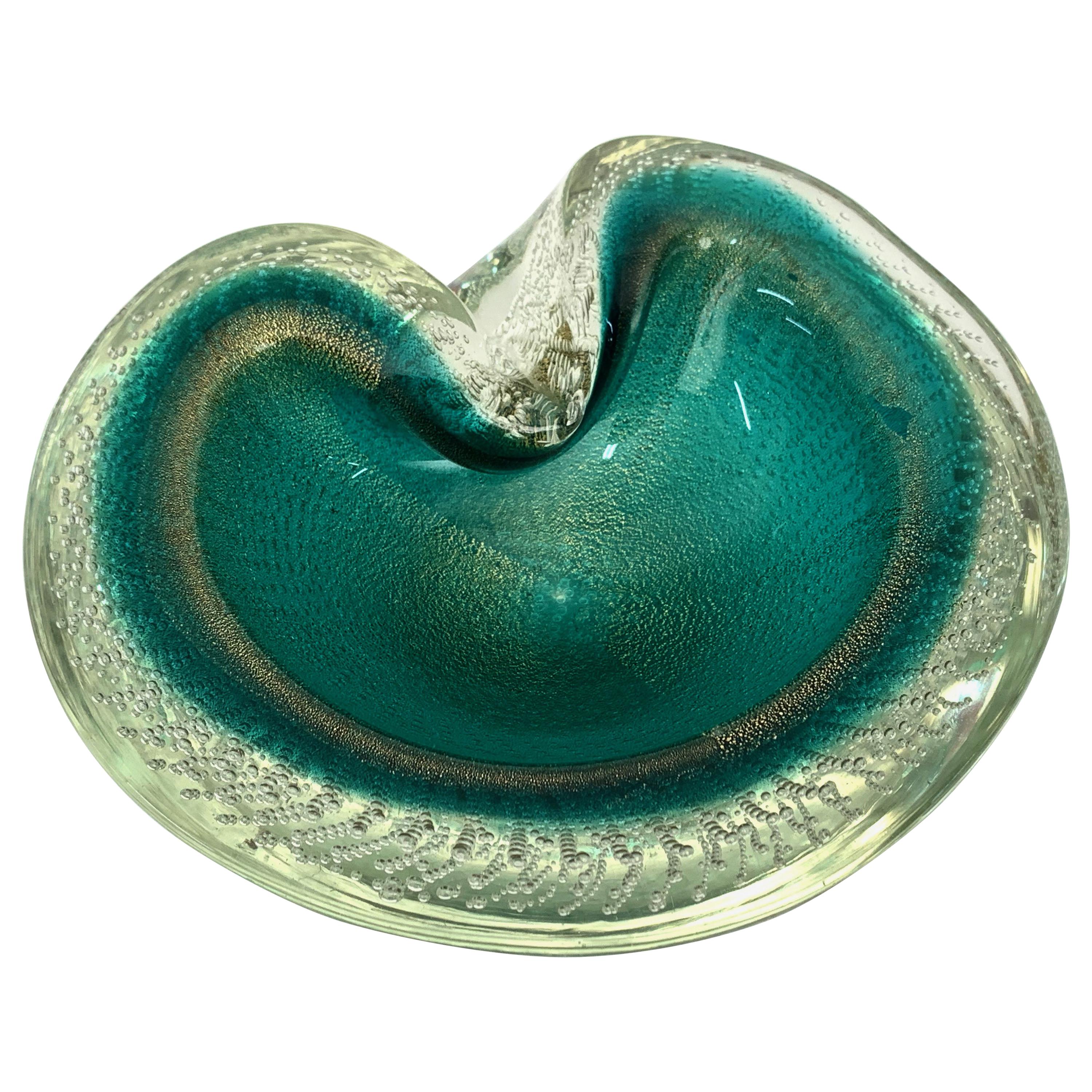 Midcentury Green and Gold "Sommerso Bullicante" Murano Glass Italian Bowl, 1960