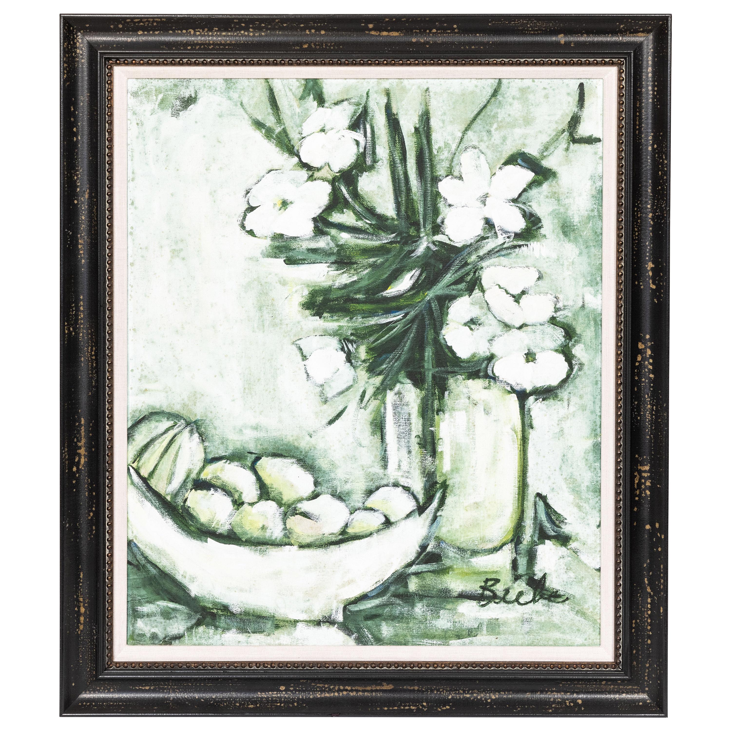 Midcentury 'Green and White' Still Life of Fruit and Flowers