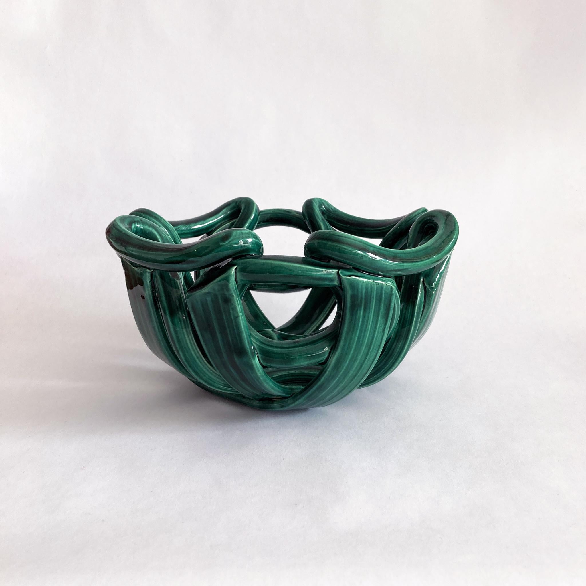 Mid-Century Modern Midcentury Green Ceramic Braided Woven Abstract Centerpiece Bowl