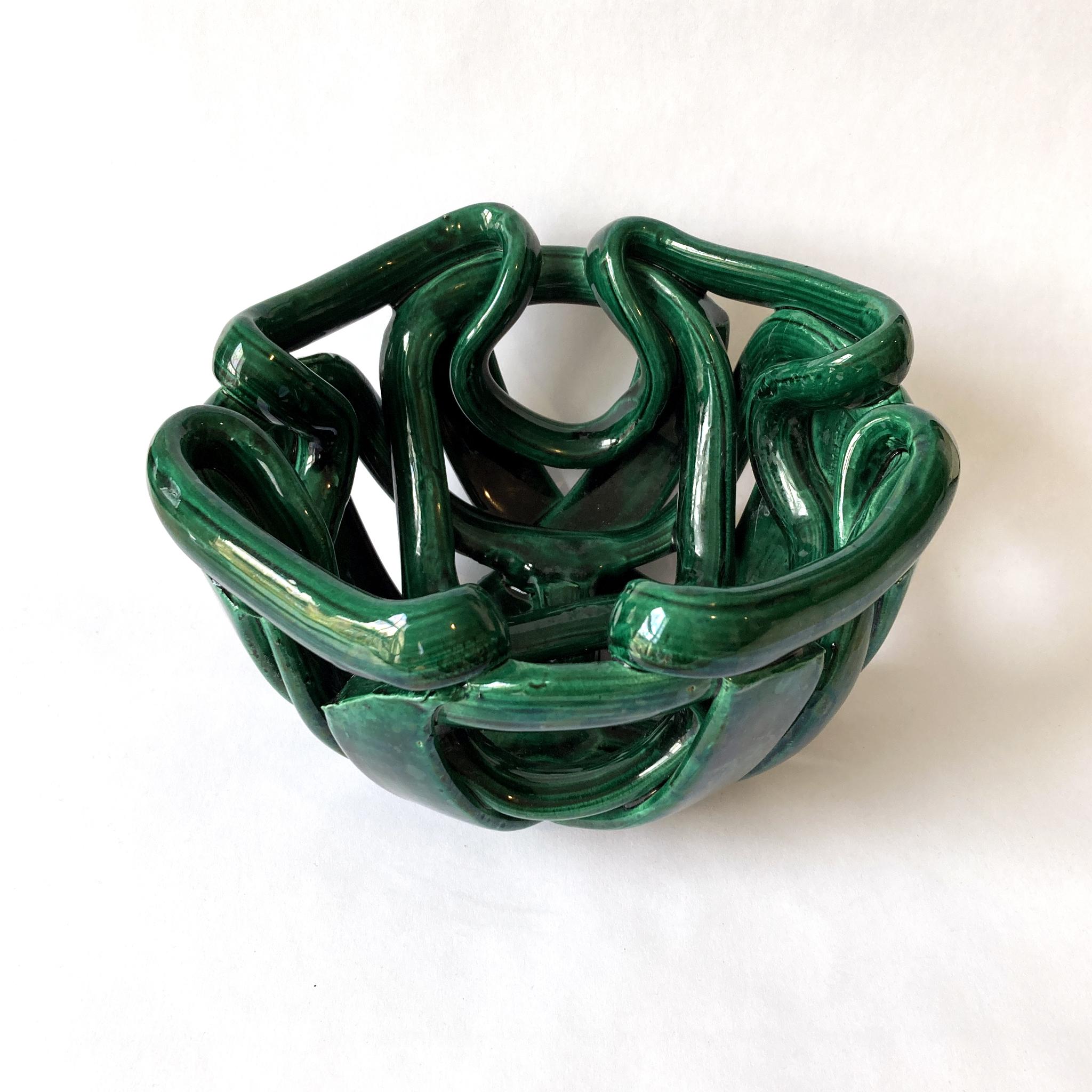 Mid-Century Modern Green Braided Woven Abstract Ceramic Centerpiece Bowl