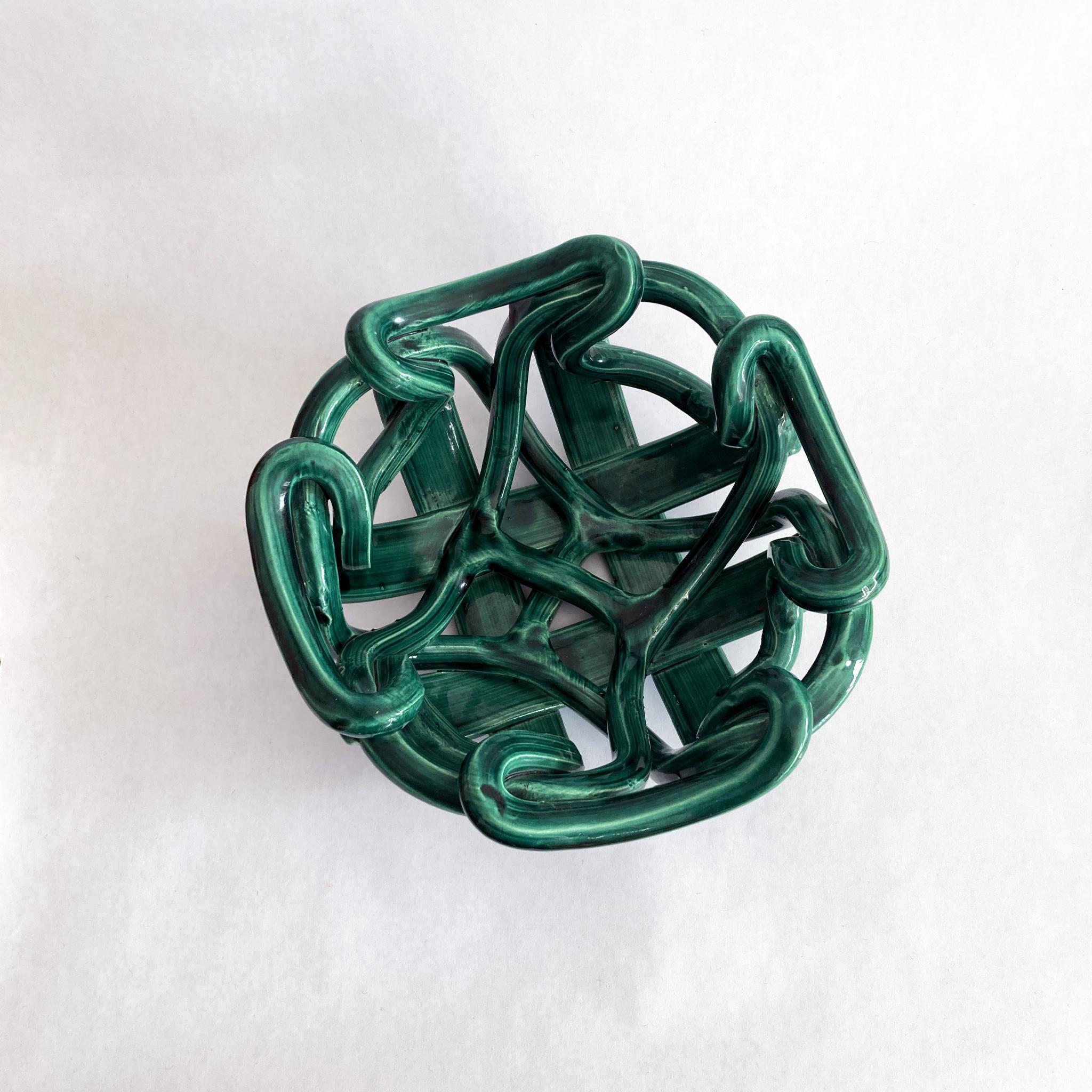Unknown Midcentury Green Ceramic Braided Woven Abstract Centerpiece Bowl