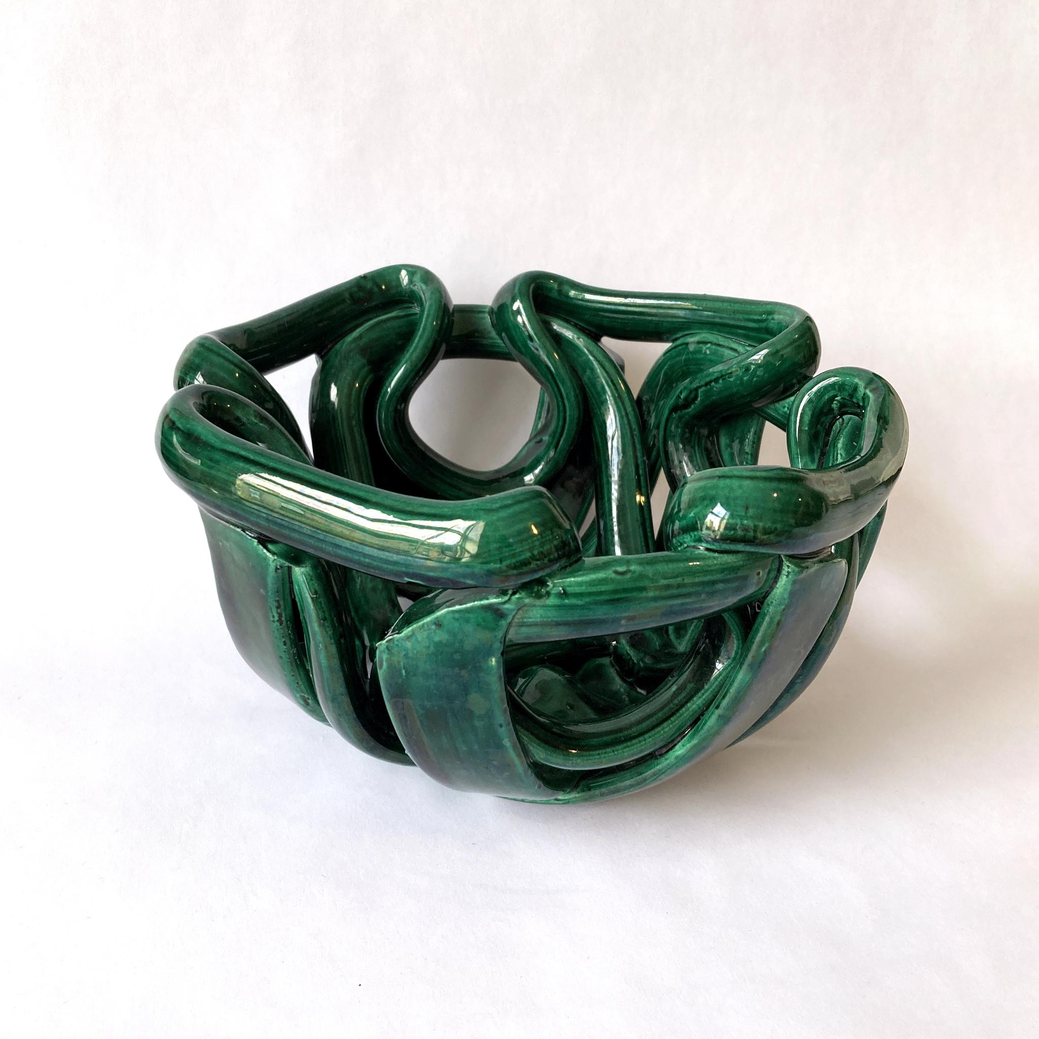 Hand-Crafted Green Braided Woven Abstract Ceramic Centerpiece Bowl