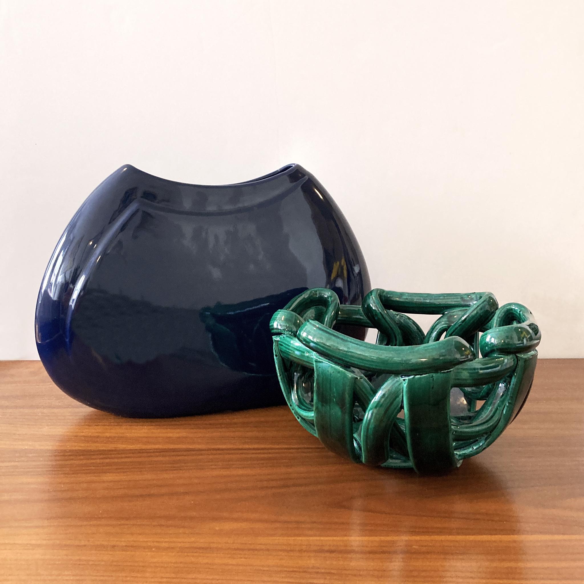 Mid-20th Century Green Braided Woven Abstract Ceramic Centerpiece Bowl