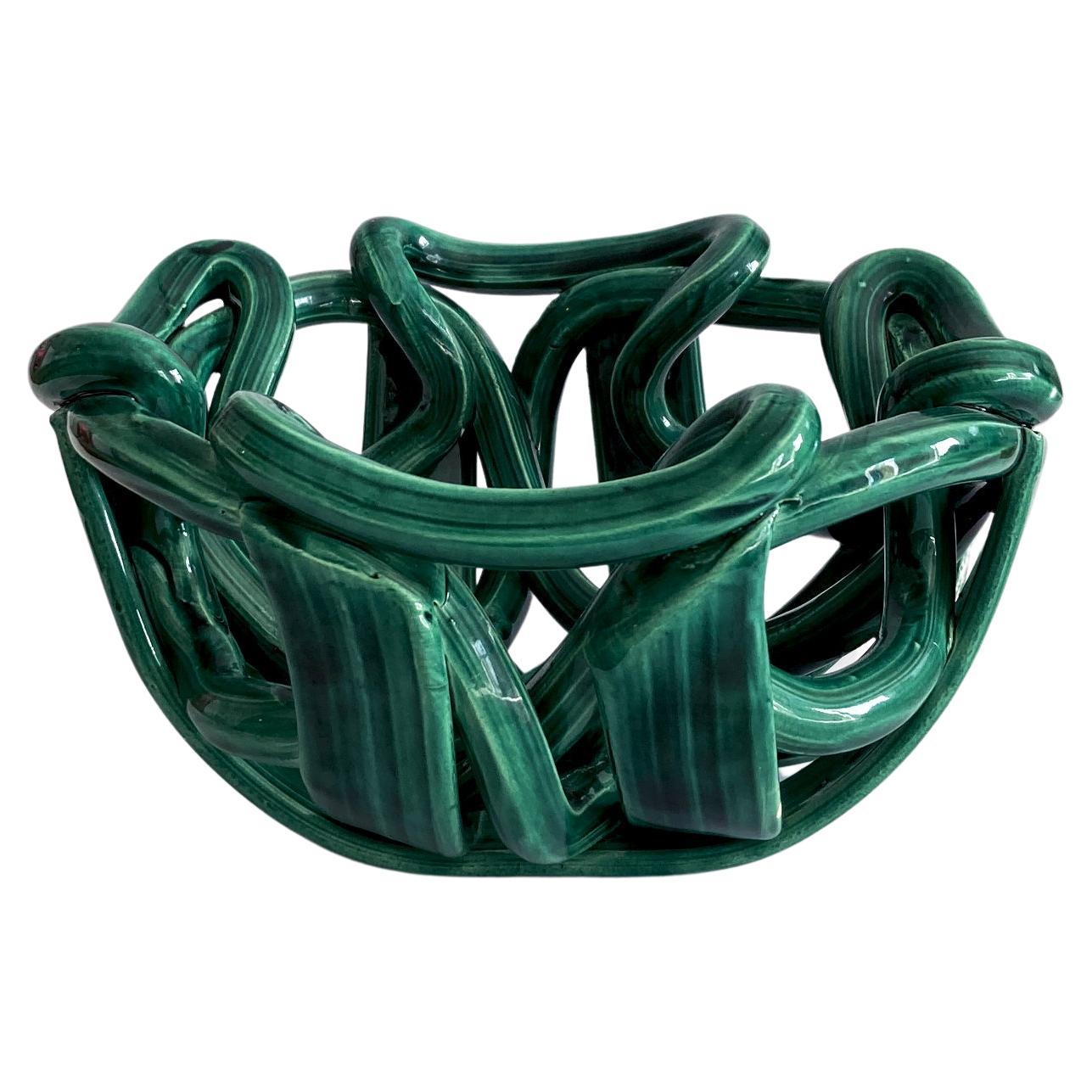 Midcentury Green Ceramic Braided Woven Abstract Centerpiece Bowl