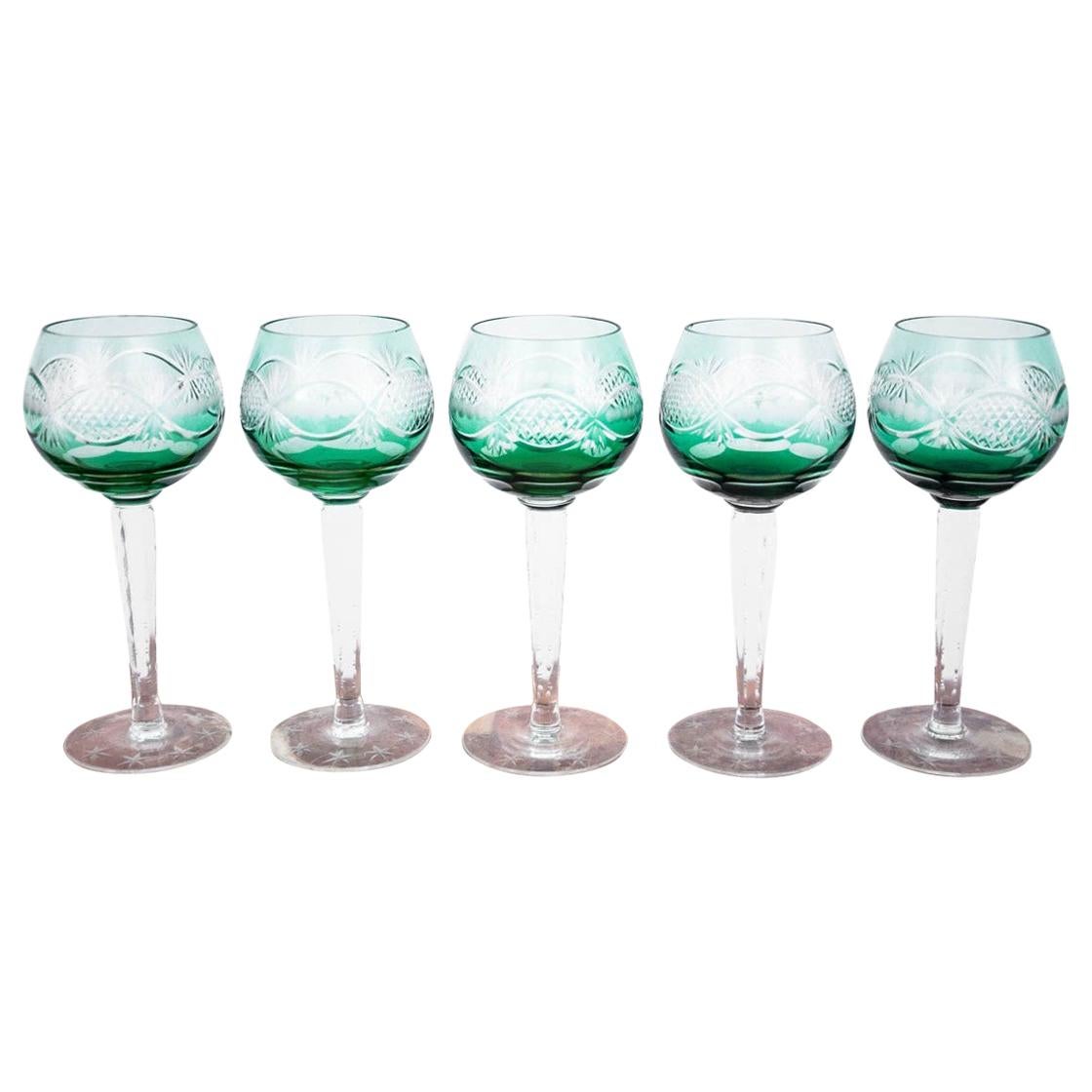 Midcentury Green Crystal Glasses, Poland, 1960s, Set of 5