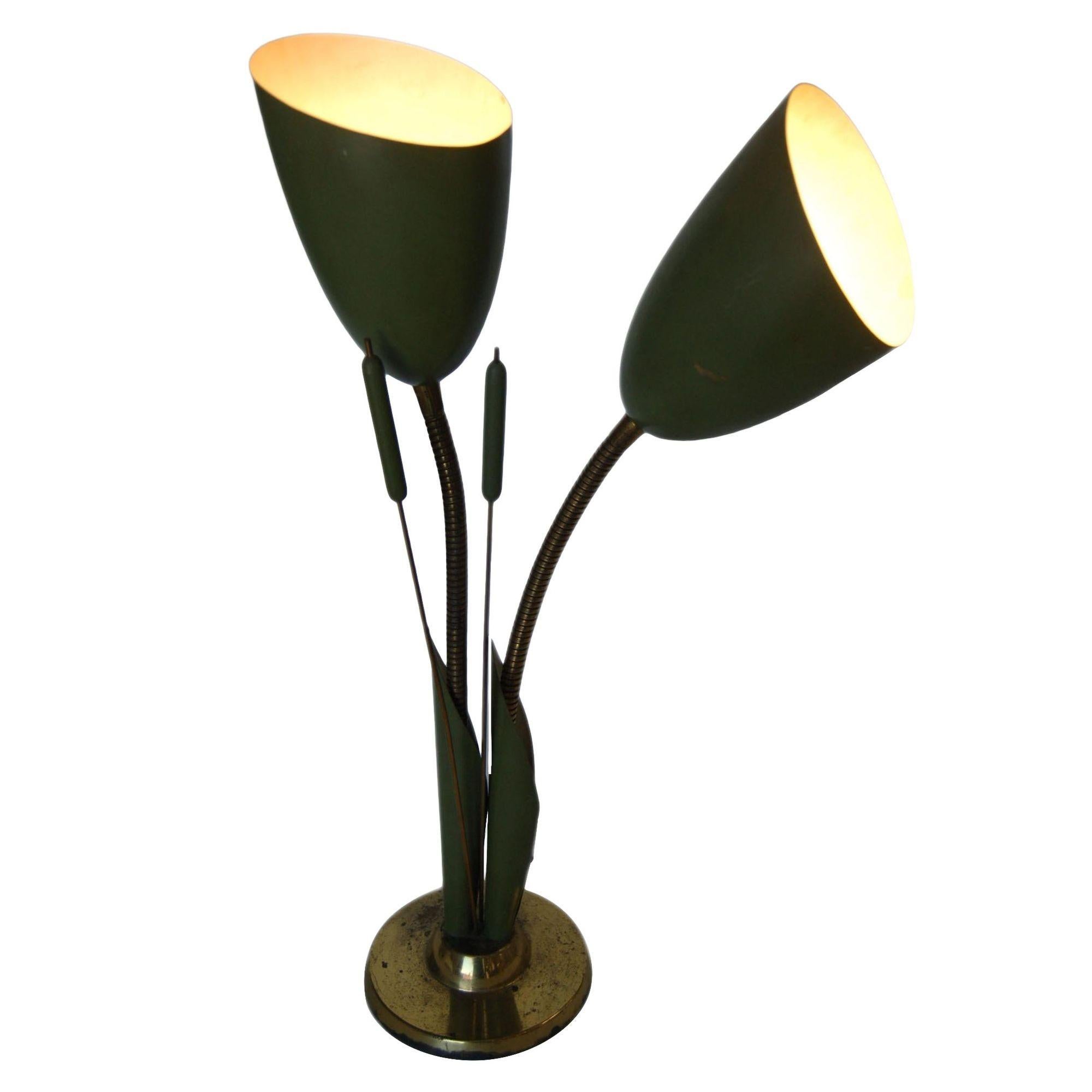 Midcentury Green Enamel Brass Gooseneck Calla Lily Desk Table Lamp For Sale