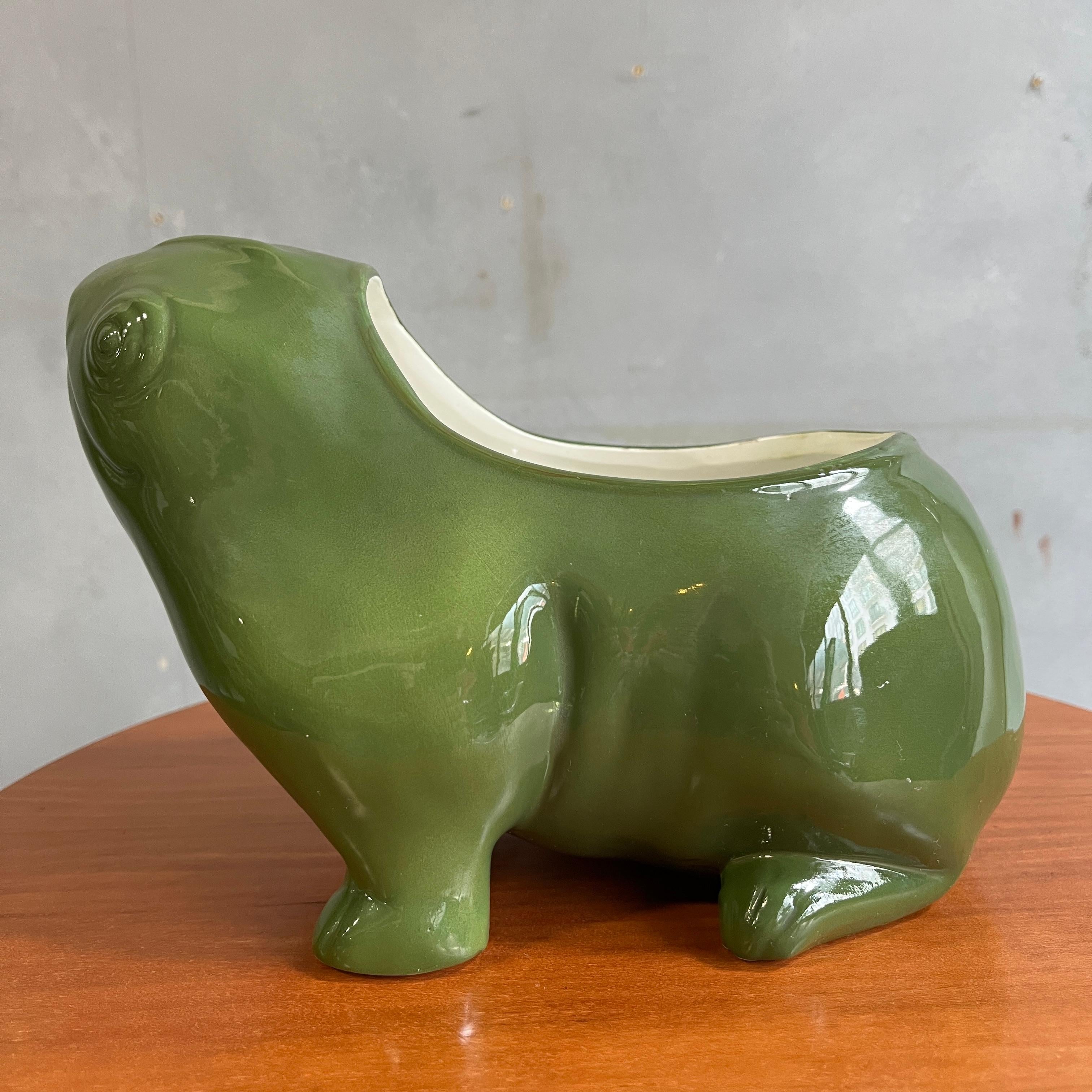 Adorable glazed green porcelain ceramic frog and flower pot / planter retailed by Tiffany. We have found no other examples. Has not been used and like new. Made in Italy model 405.