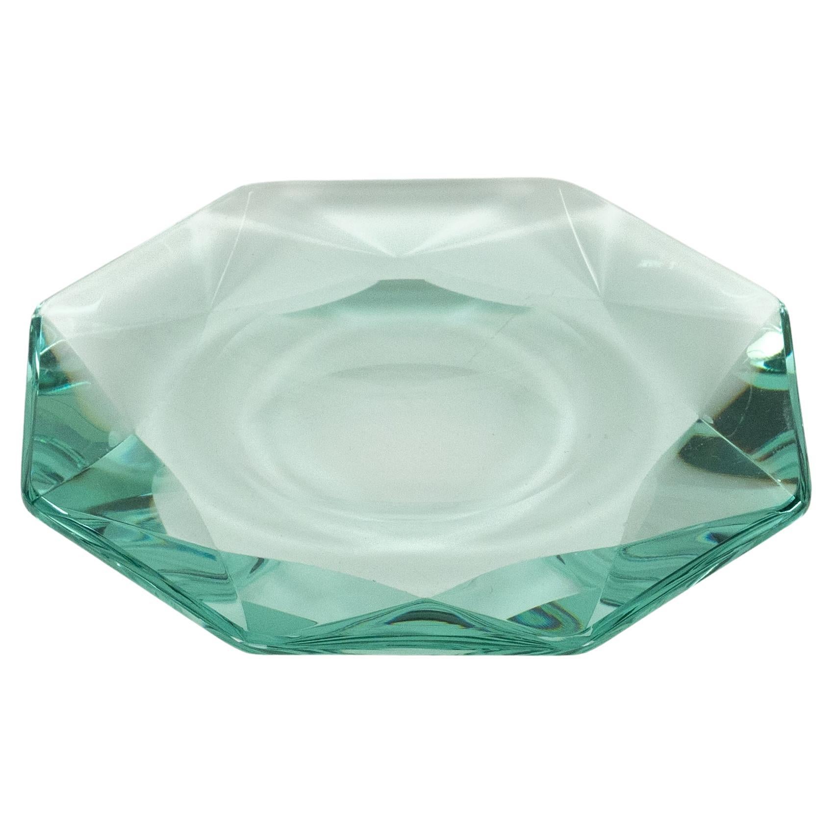 Midcentury Green Glass Octagonal Ashtray Fontana Arte Style, Italy 1960s