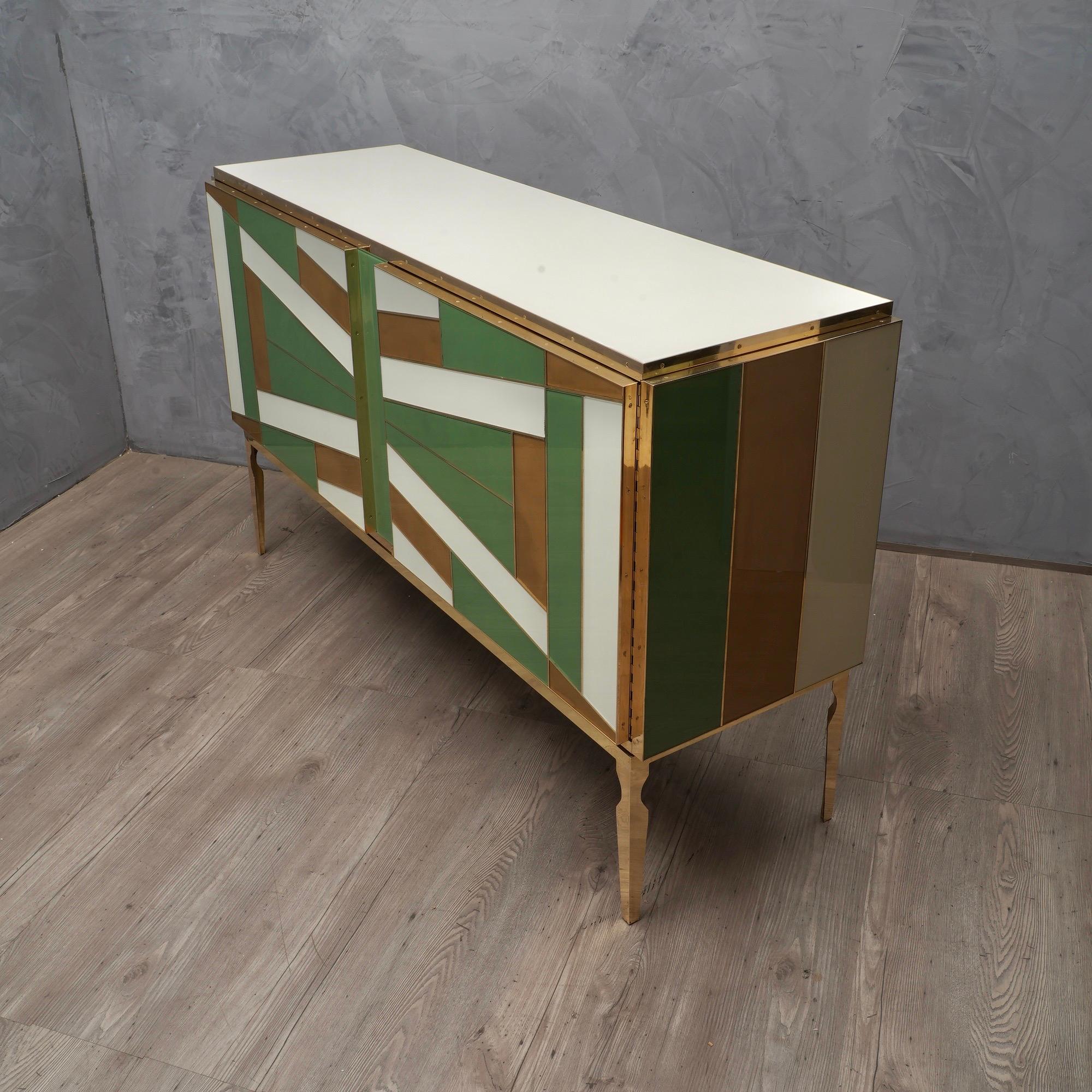 Mid-Century Modern Midcentury Inspired Green Gold and ivory Colored Glass Sideboards, 2020 For Sale