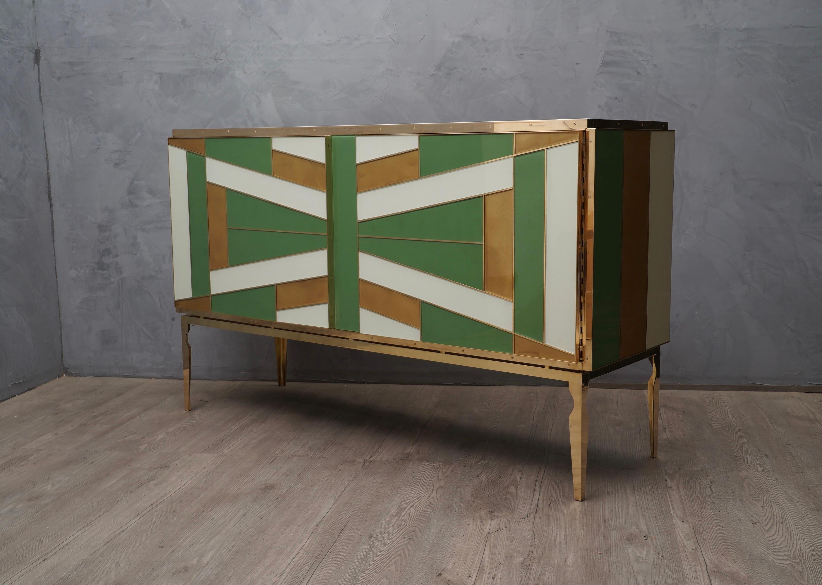 Midcentury Green Gold and ivory Colored Glass Sideboards, 2020 In Good Condition For Sale In Rome, IT