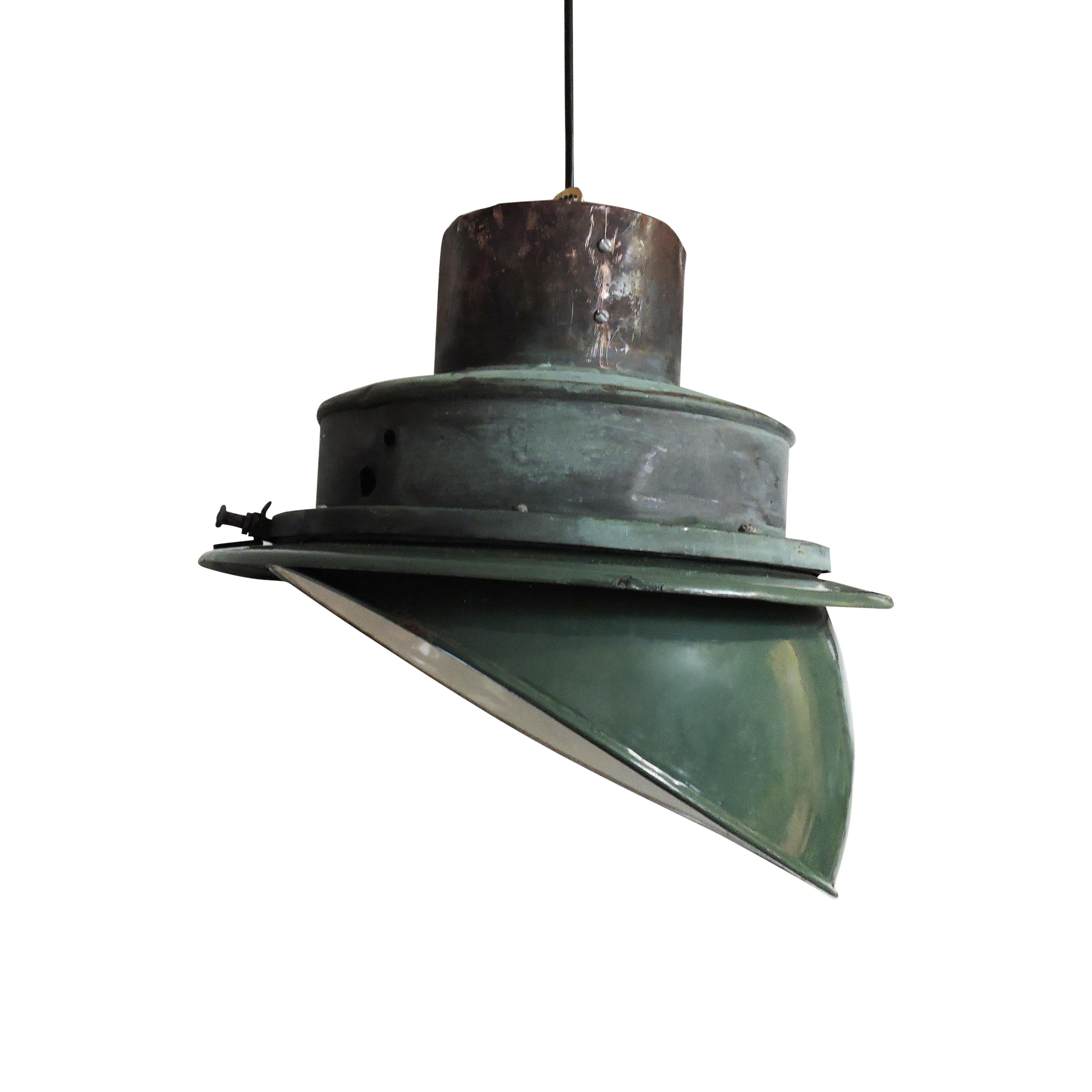 Midcentury Green Industrial Angled Enamel Pendant Lamp, 1950s