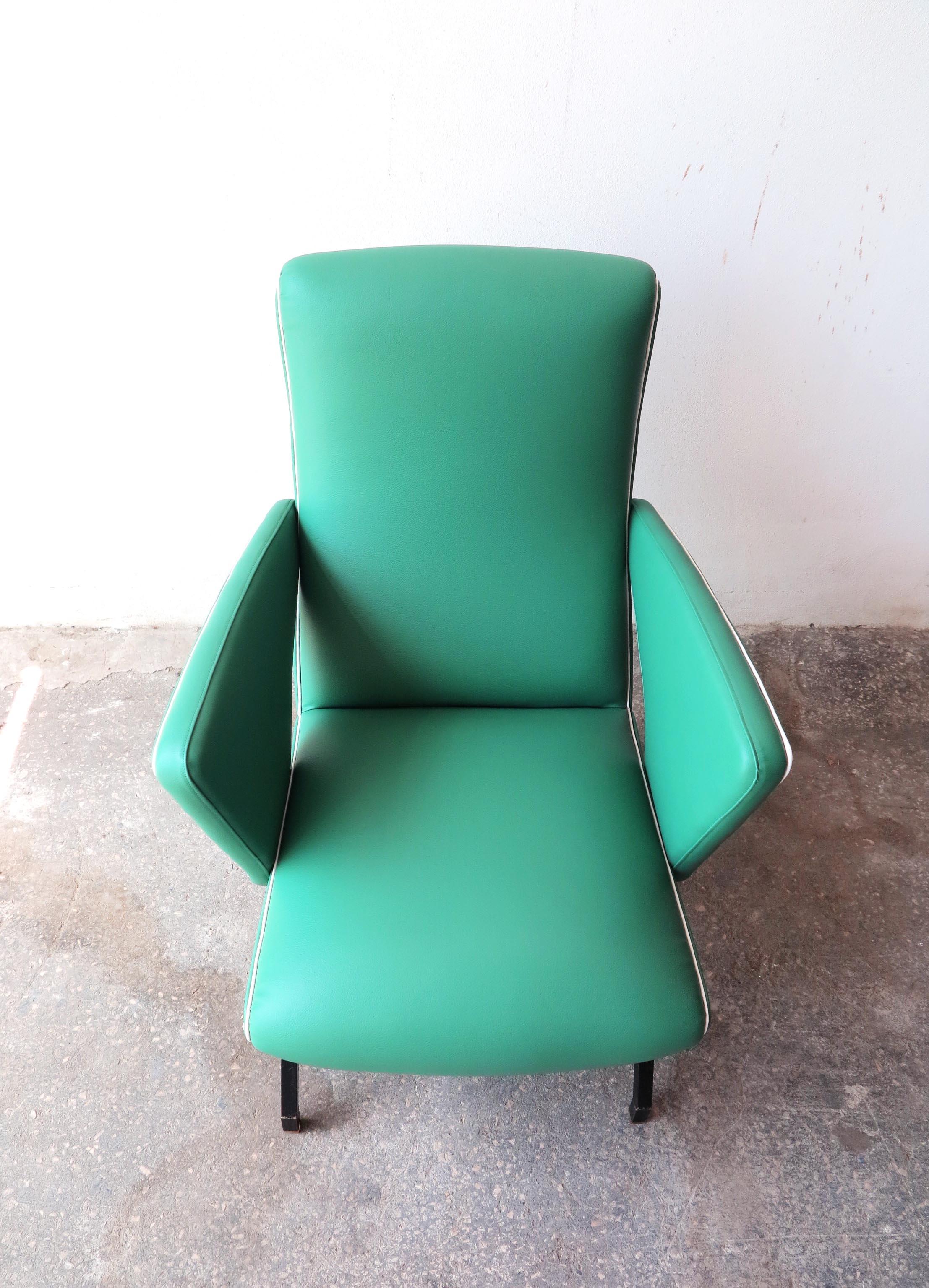 Faux Leather Midcentury Green Italian Armchair in the Style of 