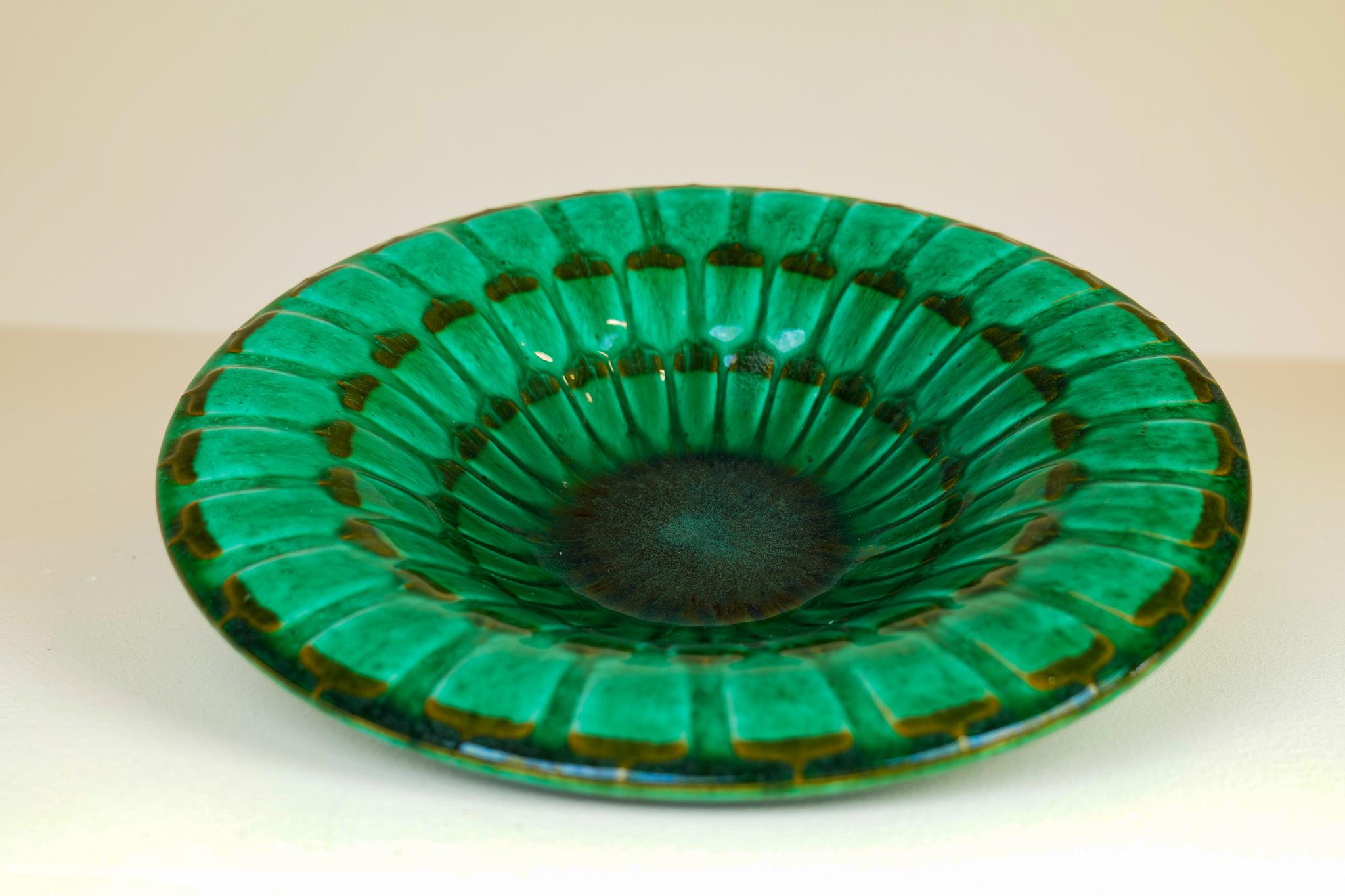 Swedish Midcentury Green Large Ceramic Vases and Platter/Bowl Upsala Ekeby 