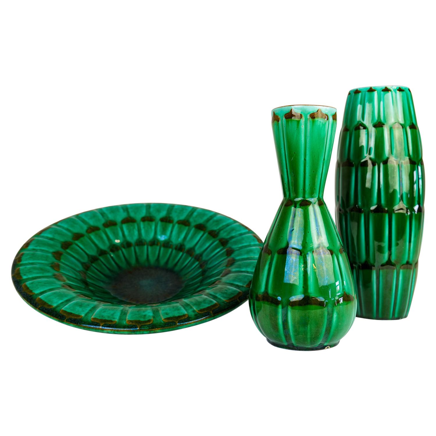 Midcentury Green Large Ceramic Vases and Platter/Bowl Upsala Ekeby "Capri" 1950s