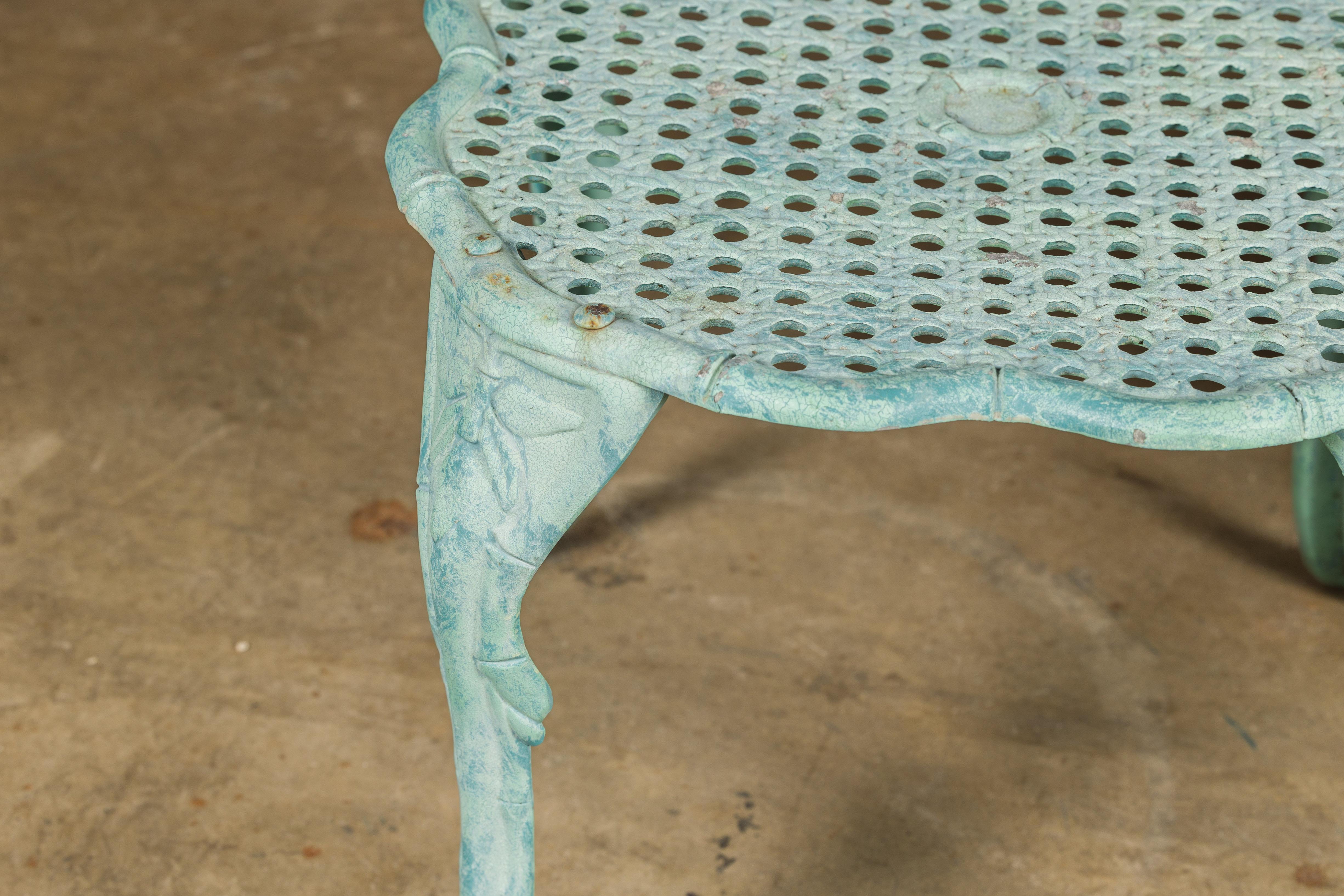 Midcentury Green Painted Cast Iron French Side Tables with Wicker Style Tops For Sale 5