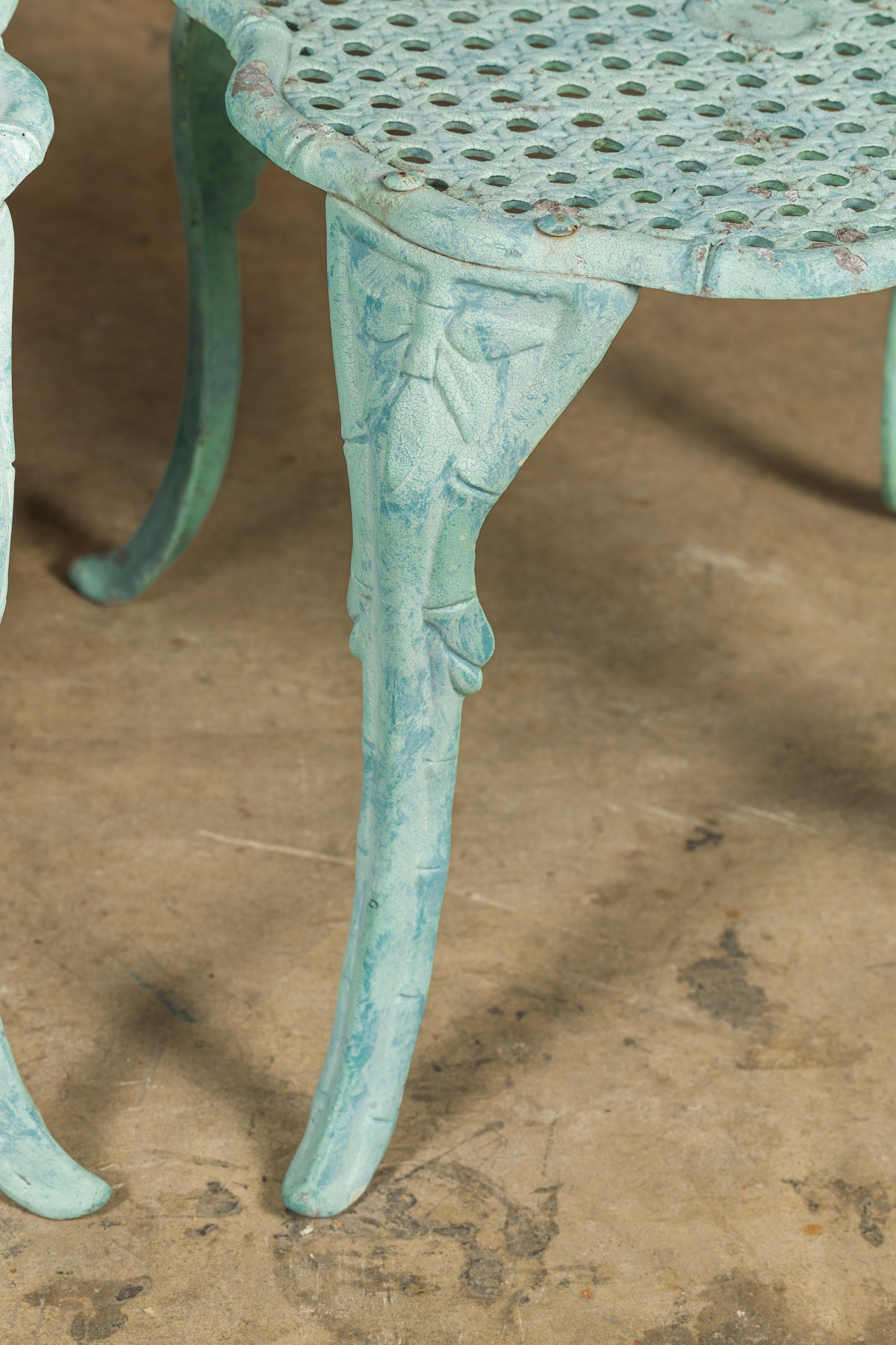 Midcentury Green Painted Cast Iron French Side Tables with Wicker Style Tops For Sale 6
