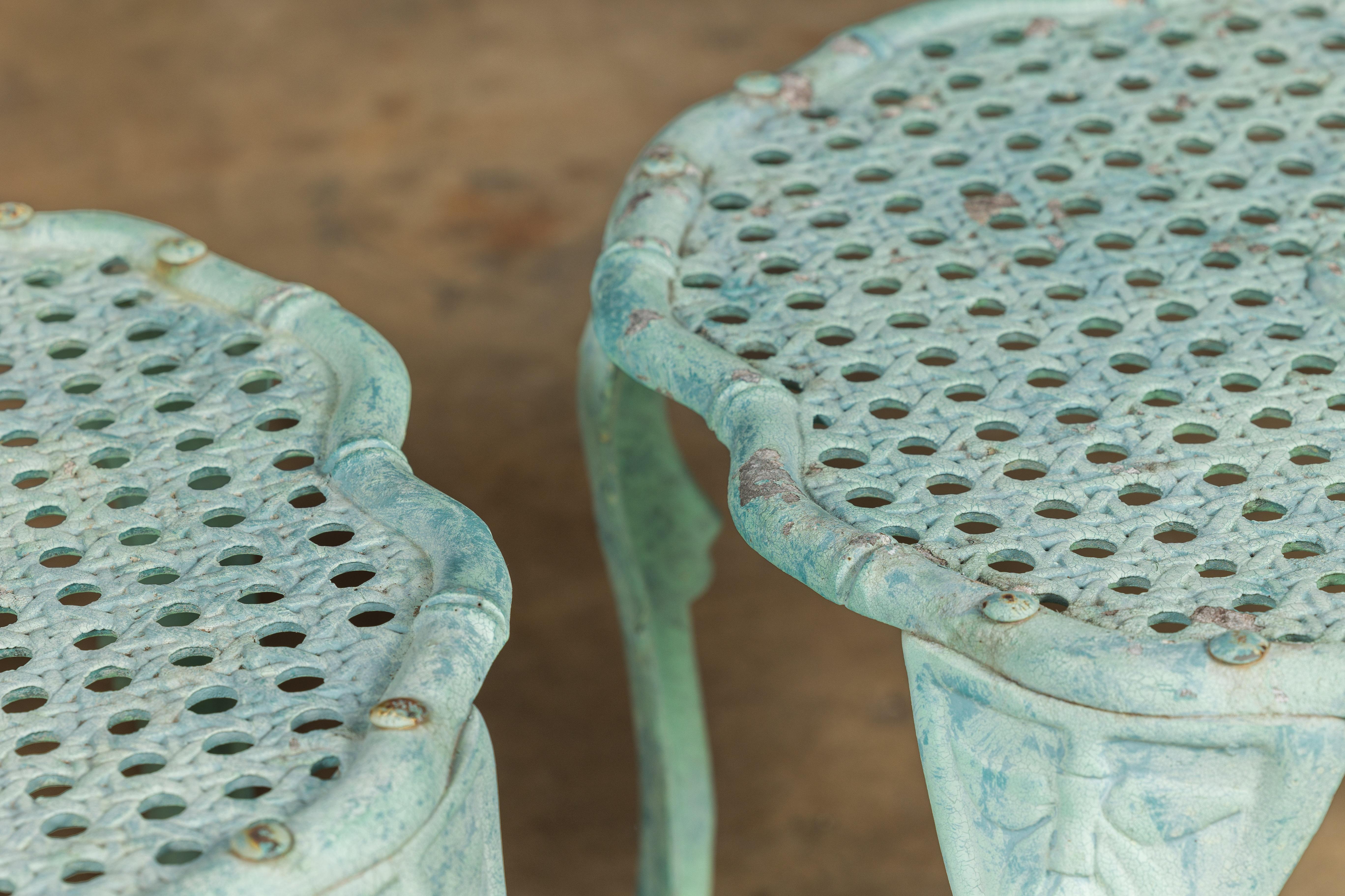 Midcentury Green Painted Cast Iron French Side Tables with Wicker Style Tops For Sale 7