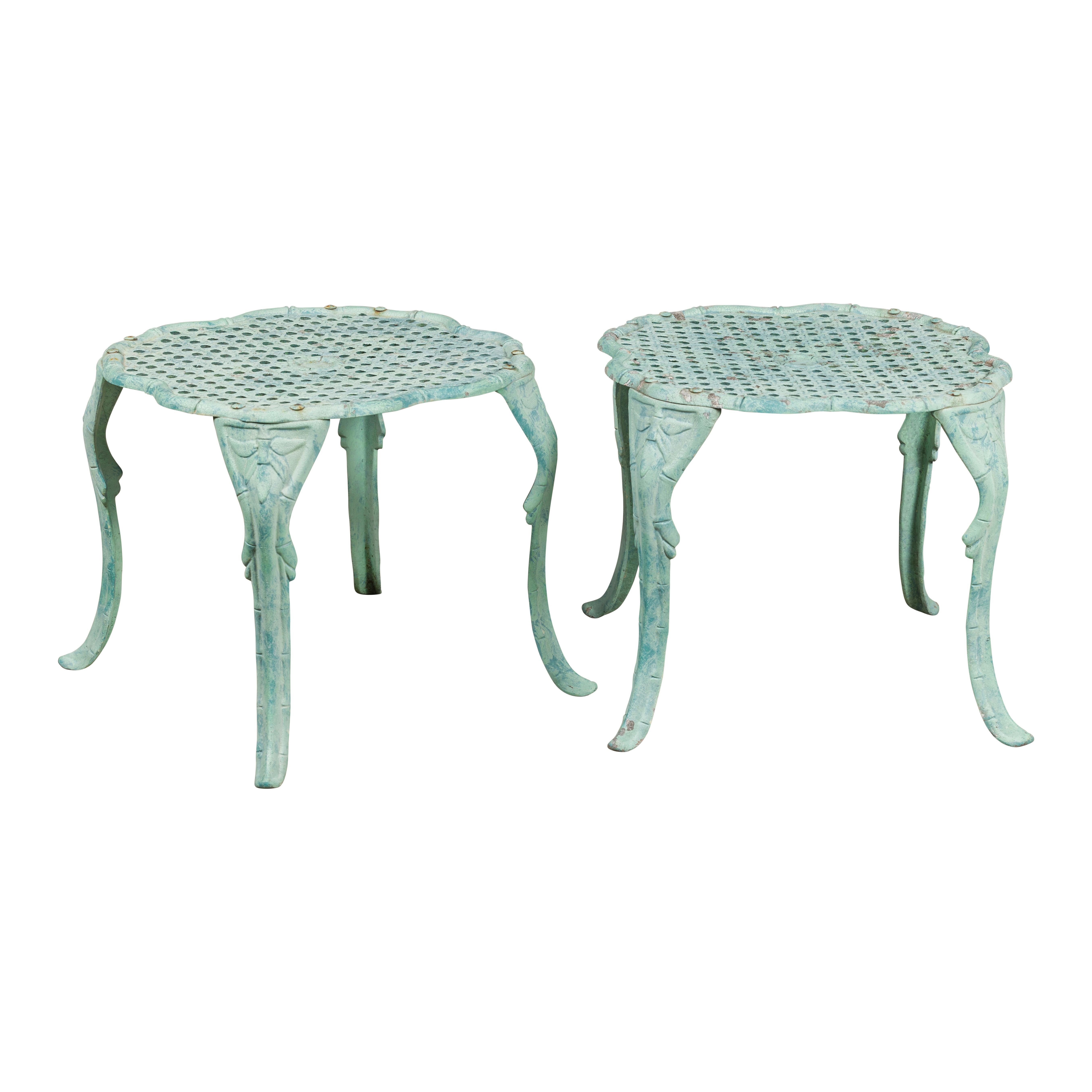 Midcentury Green Painted Cast Iron French Side Tables with Wicker Style Tops For Sale 8