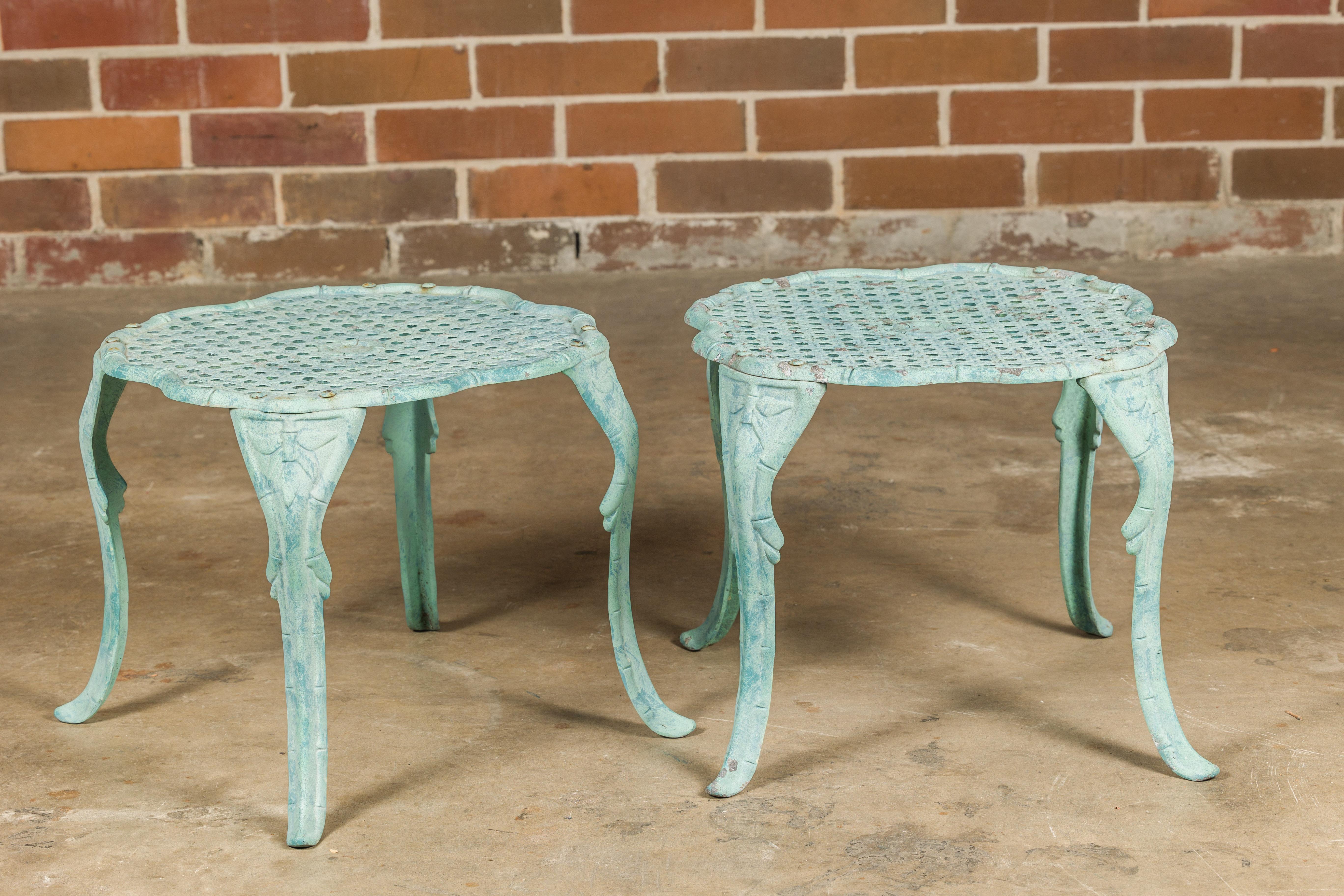 Mid-Century Modern Midcentury Green Painted Cast Iron French Side Tables with Wicker Style Tops For Sale