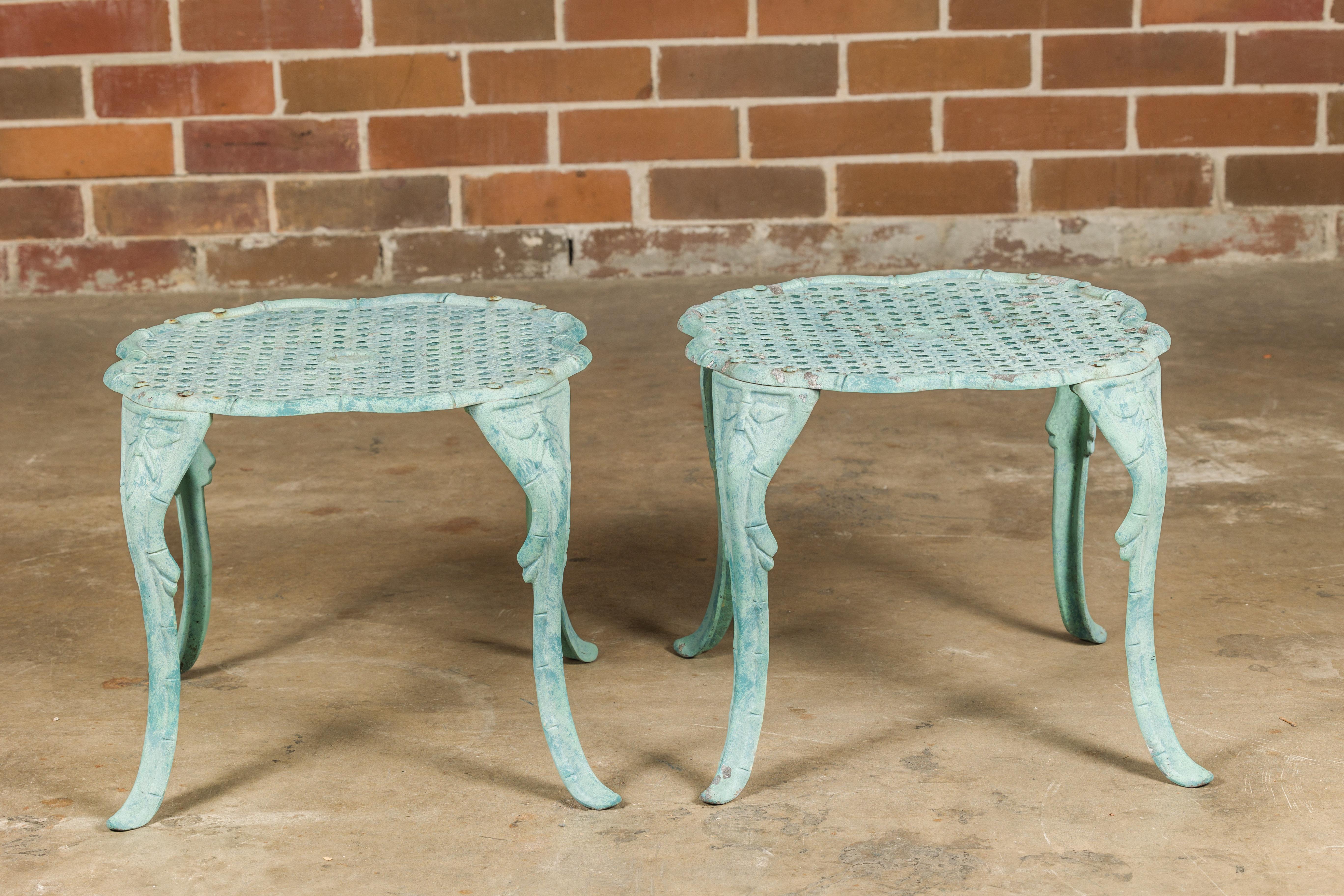 Midcentury Green Painted Cast Iron French Side Tables with Wicker Style Tops In Good Condition For Sale In Atlanta, GA