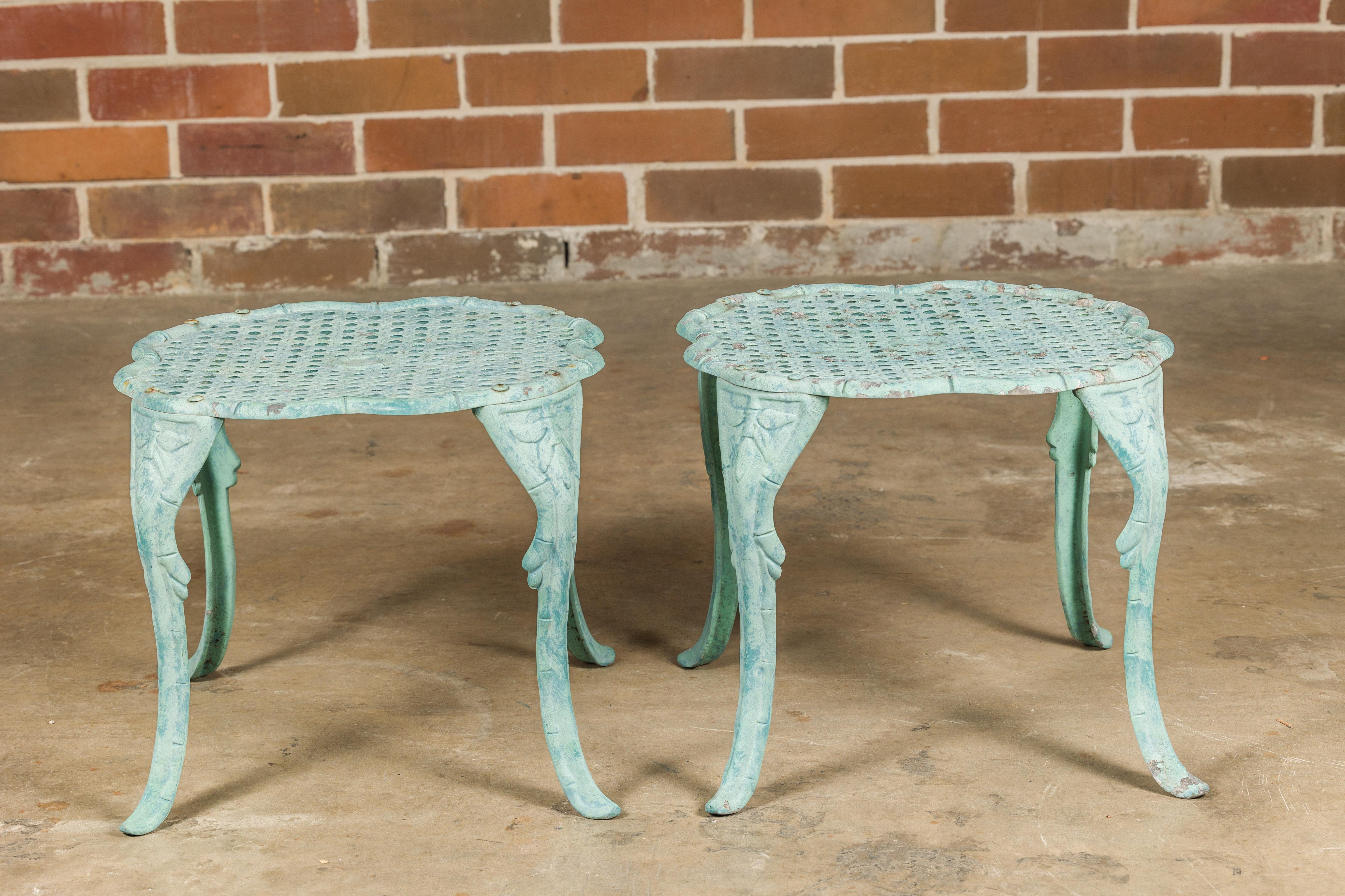 20th Century Midcentury Green Painted Cast Iron French Side Tables with Wicker Style Tops For Sale