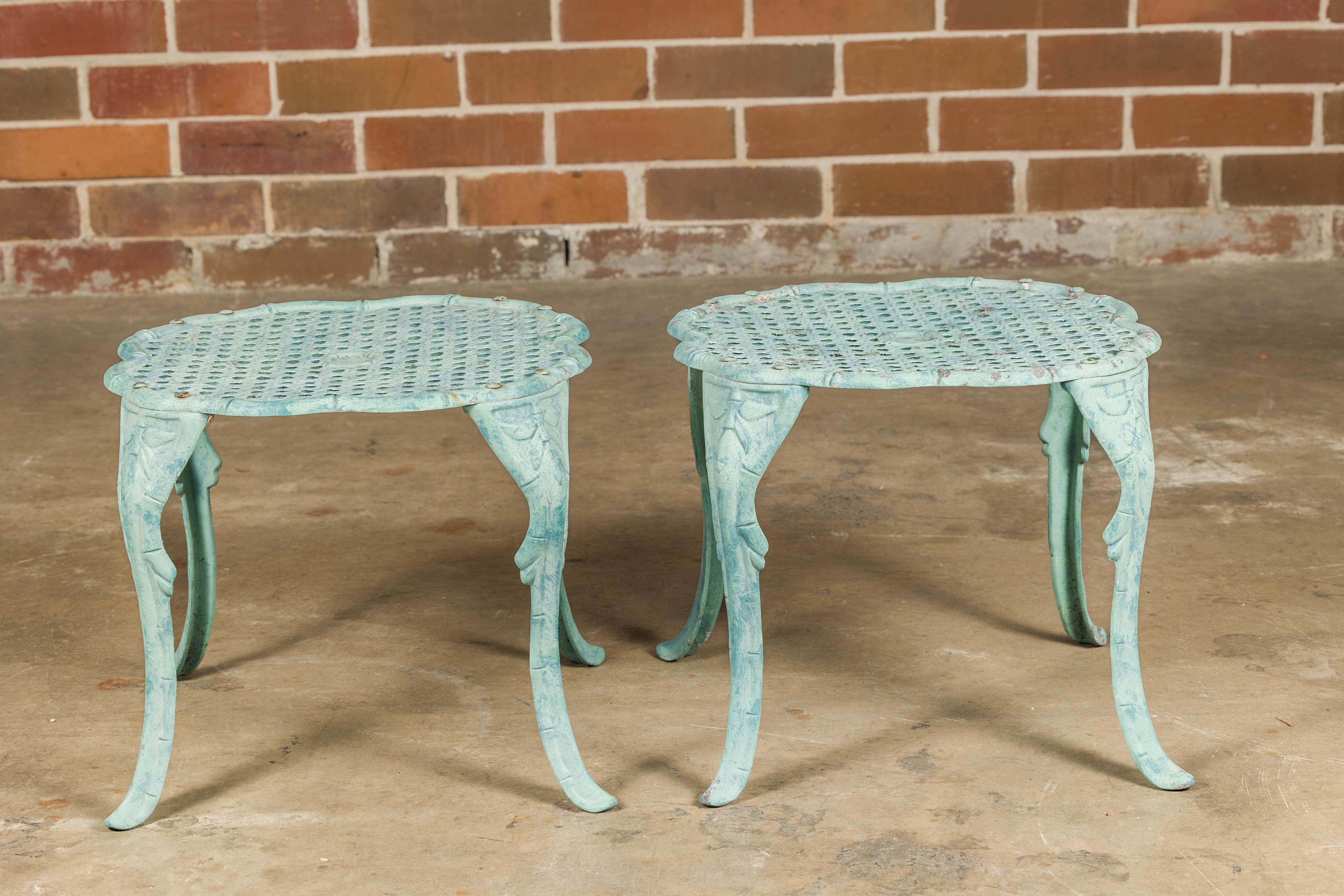 Midcentury Green Painted Cast Iron French Side Tables with Wicker Style Tops For Sale 1