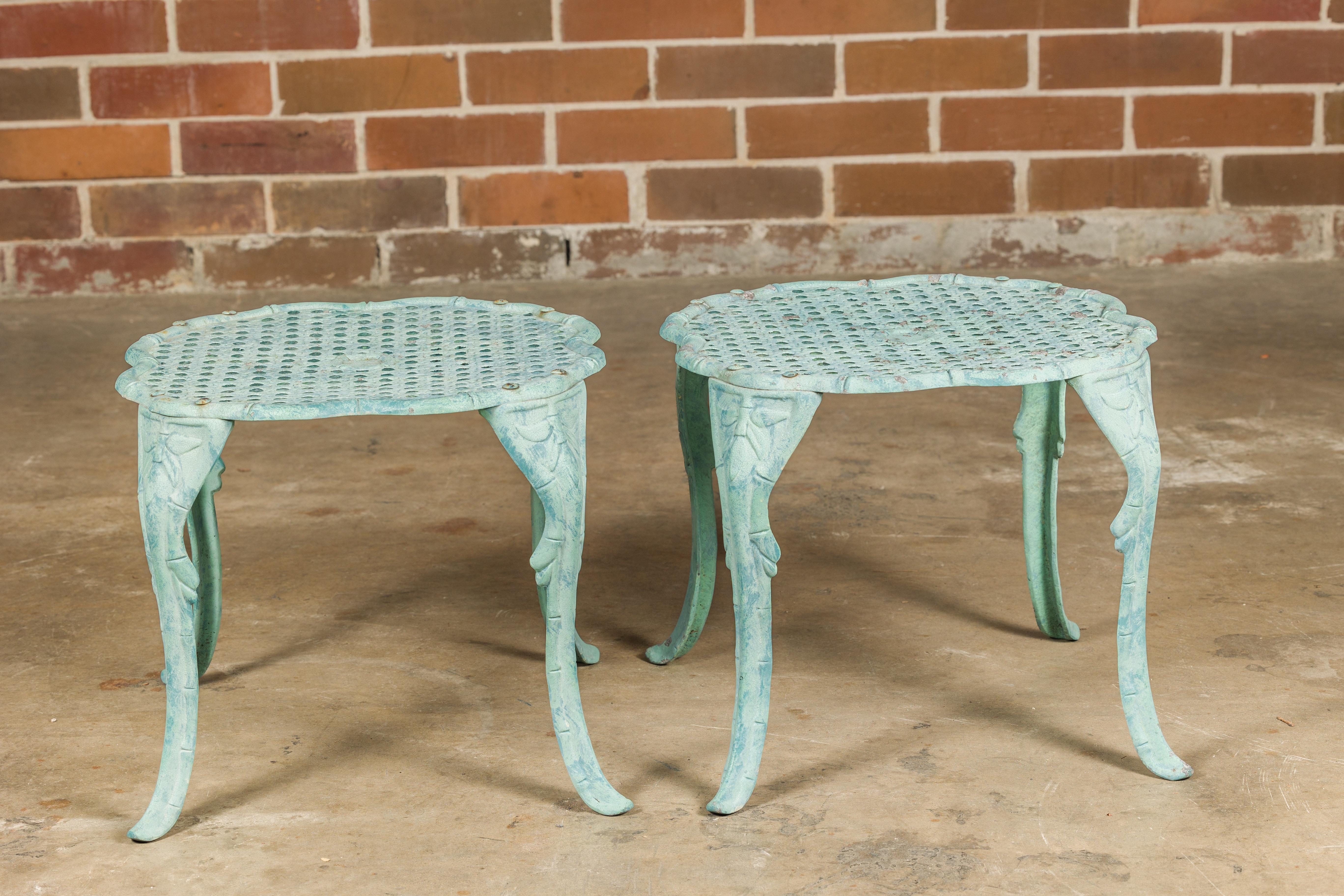 Midcentury Green Painted Cast Iron French Side Tables with Wicker Style Tops For Sale 2