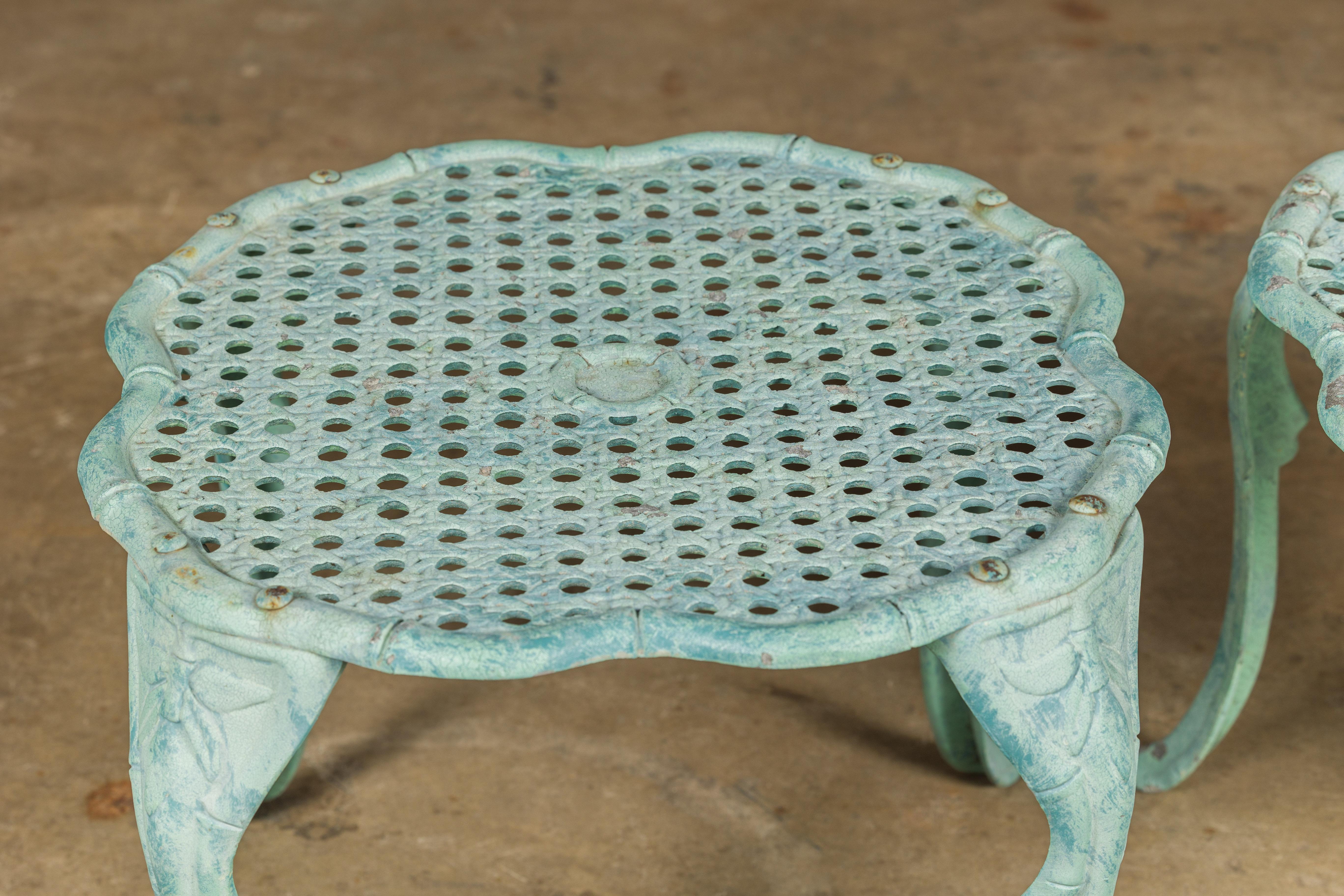 Midcentury Green Painted Cast Iron French Side Tables with Wicker Style Tops For Sale 3