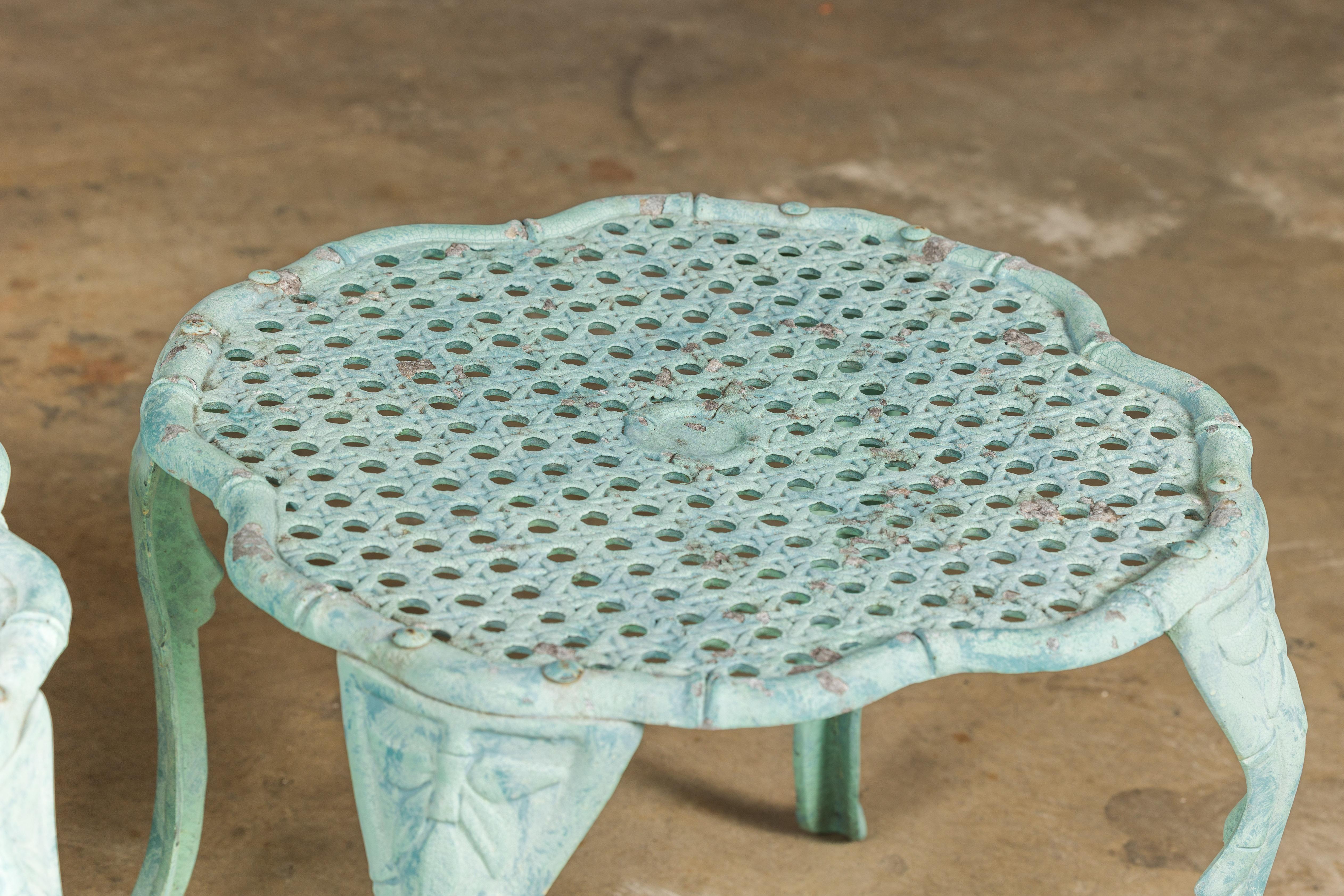 Midcentury Green Painted Cast Iron French Side Tables with Wicker Style Tops For Sale 4