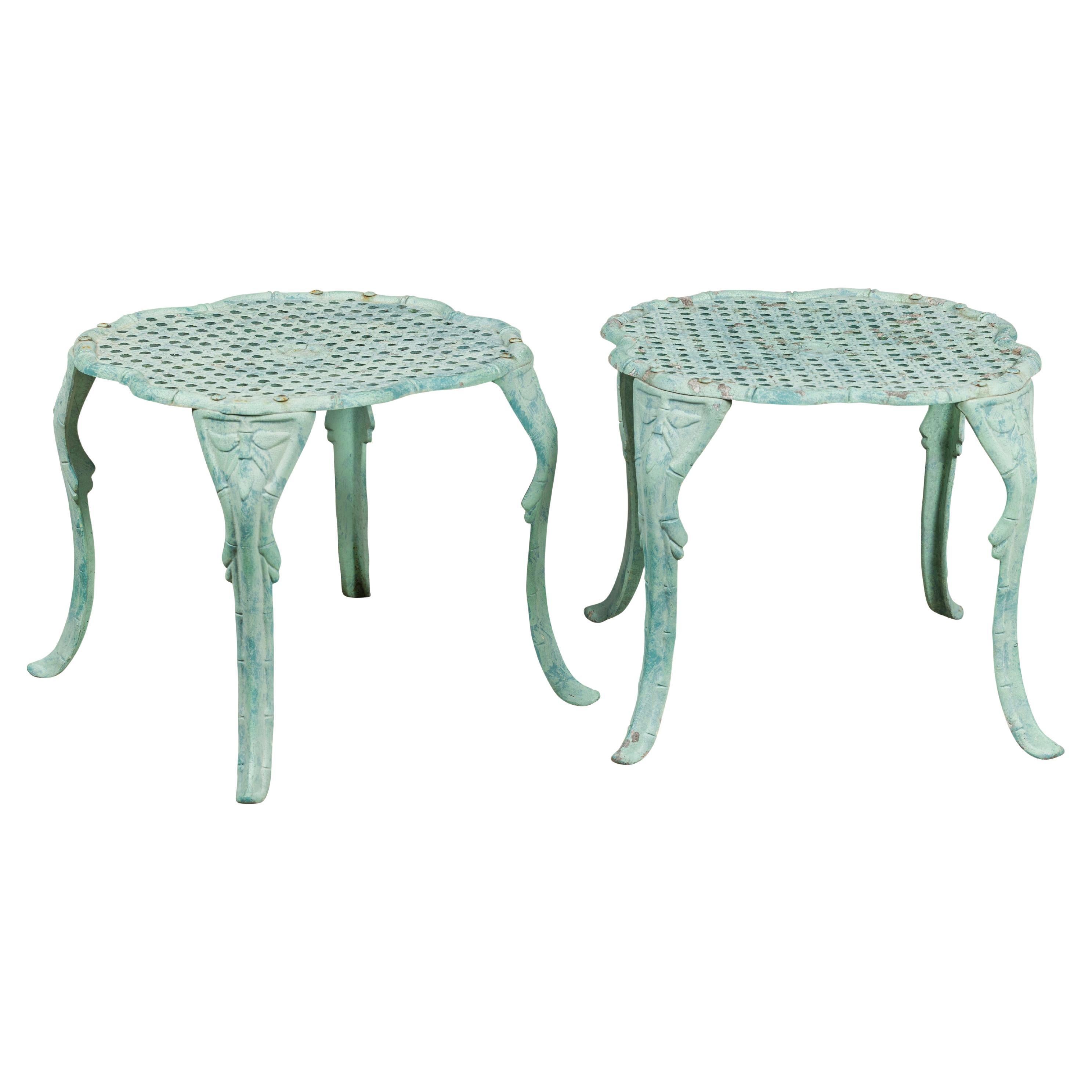 Midcentury Green Painted Cast Iron French Side Tables with Wicker Style Tops For Sale