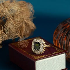 Midcentury Green Tourmaline Halo Bicolor Gold Vintage Ring, 18K