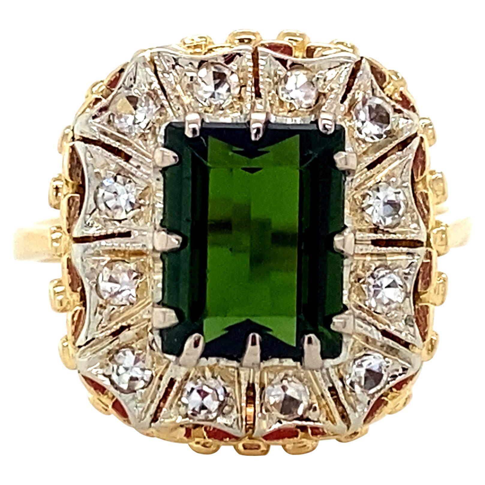 Midcentury Green Tourmaline Halo Bicolor Gold Vintage Ring, 18K